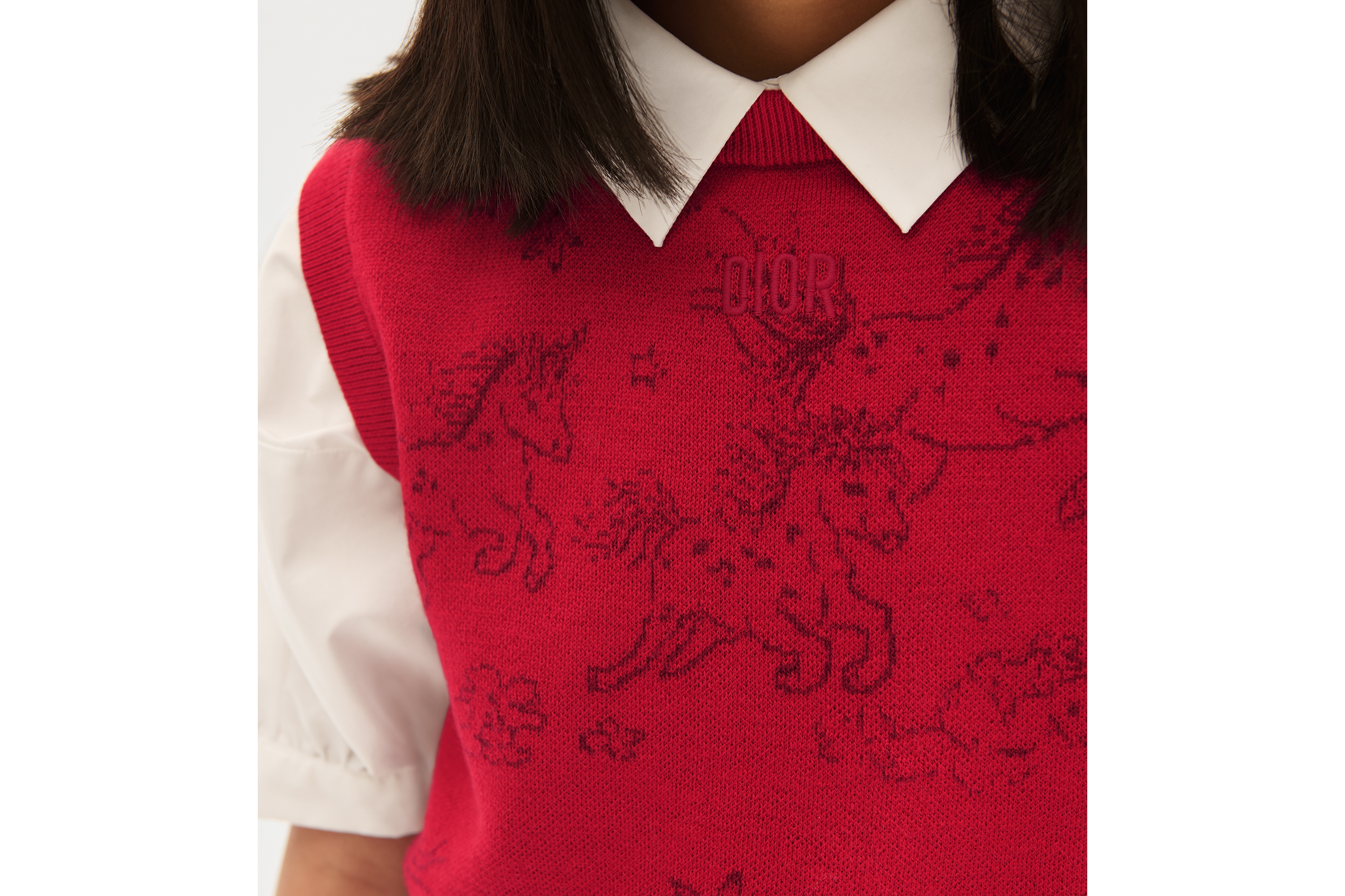 儿童针织背心 红色绵羊毛混纺针织面料深红色独角兽提花图案 E09