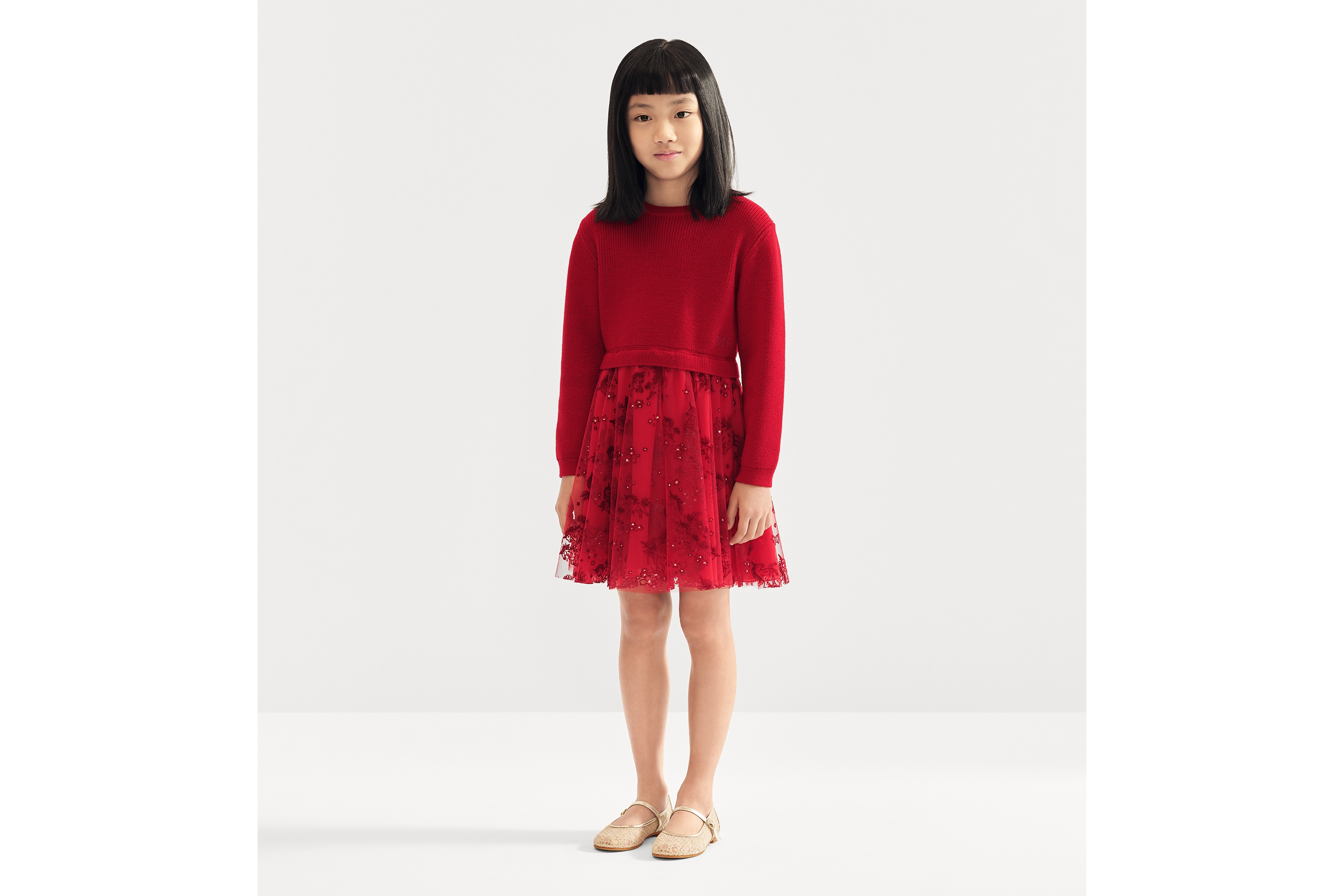 look_image_alt_prefix 儿童喇叭形连衣裙 红色绵羊毛针织面料和红色薄纱搭配深红色和金色调独角兽图案 E13