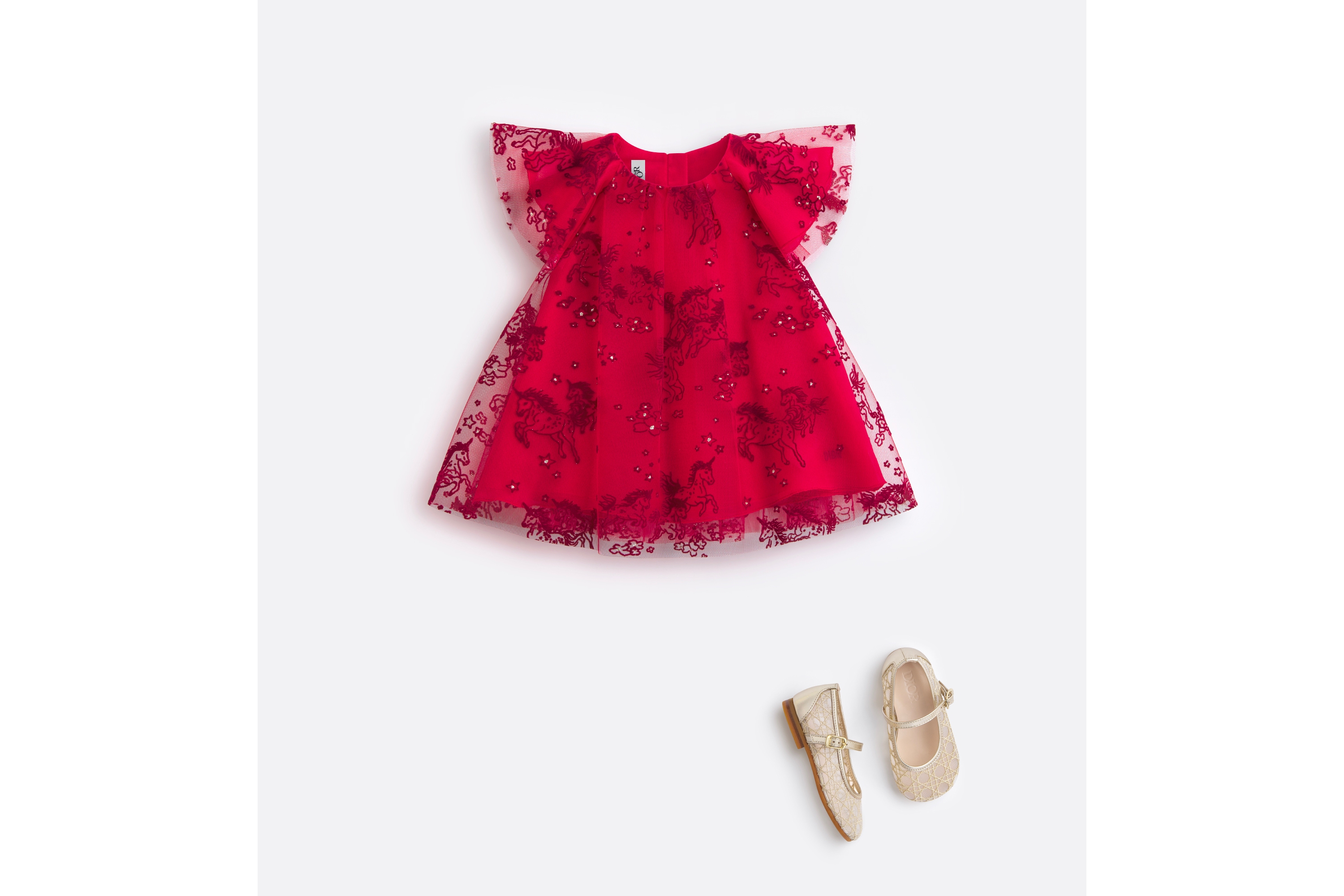 look_image_alt_prefix 婴幼儿喇叭形连衣裙 红色薄纱深红色和金色调独角兽图案 E08