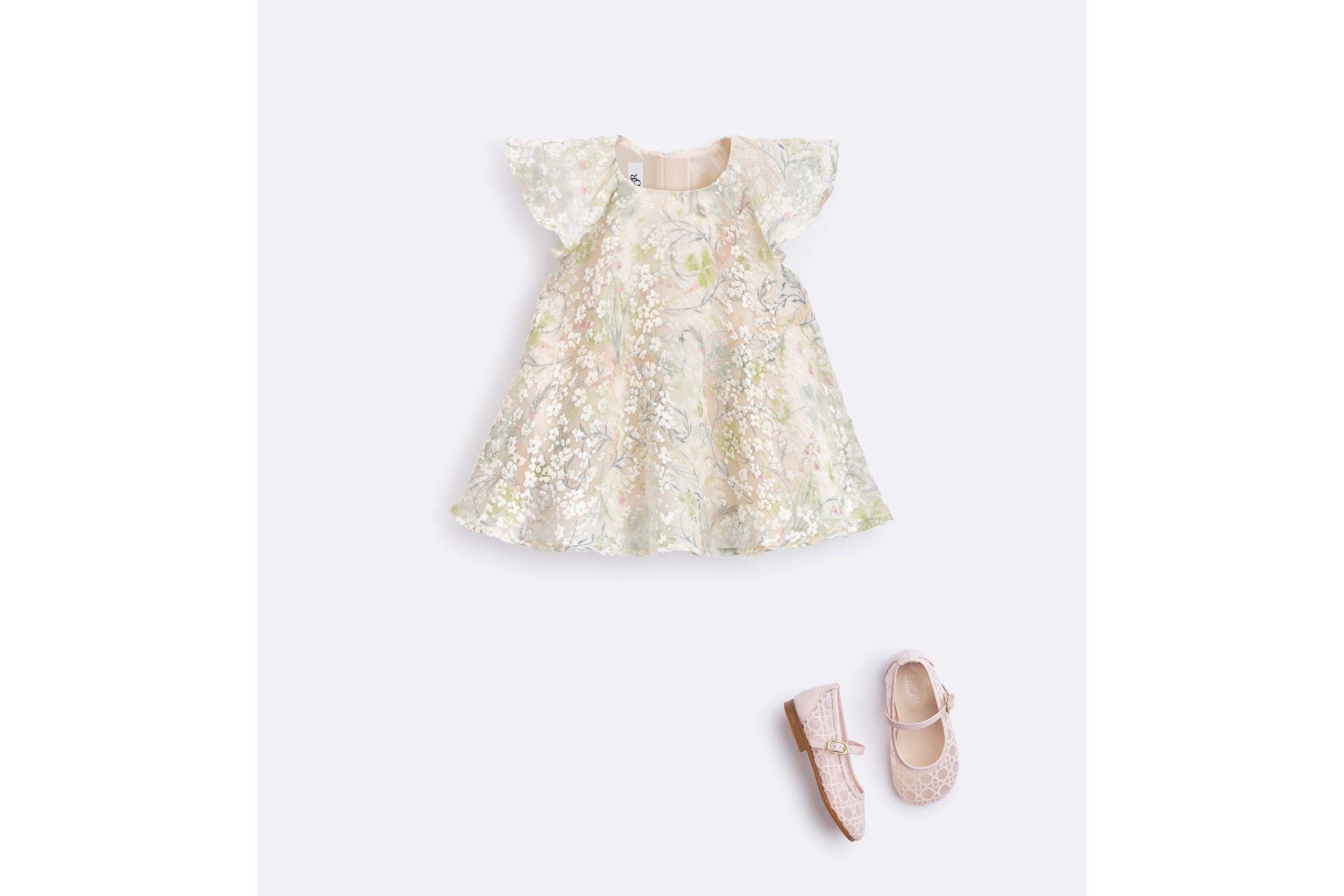 look_image_alt_prefix 婴幼儿喇叭形连衣裙 象牙色和淡色烧花天鹅绒搭配本季花卉图案 E08