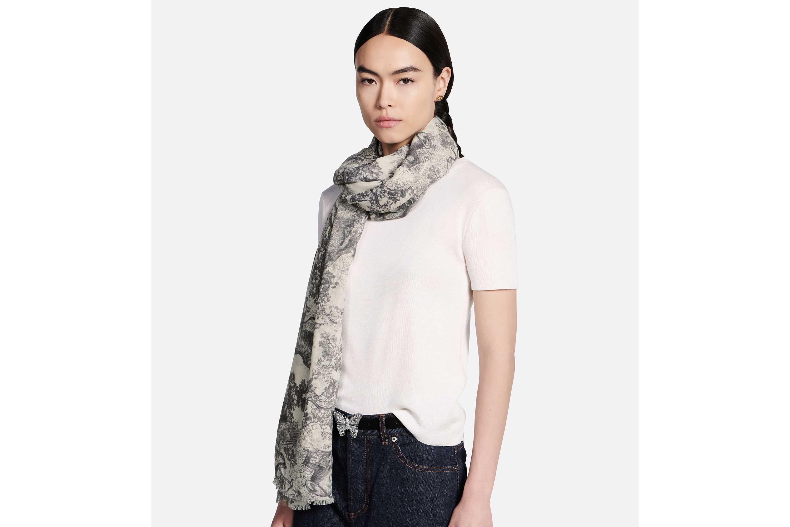 Dior 印花披肩 象牙色和灰色山羊绒面料 Sauvage 茹伊印花图案 E04