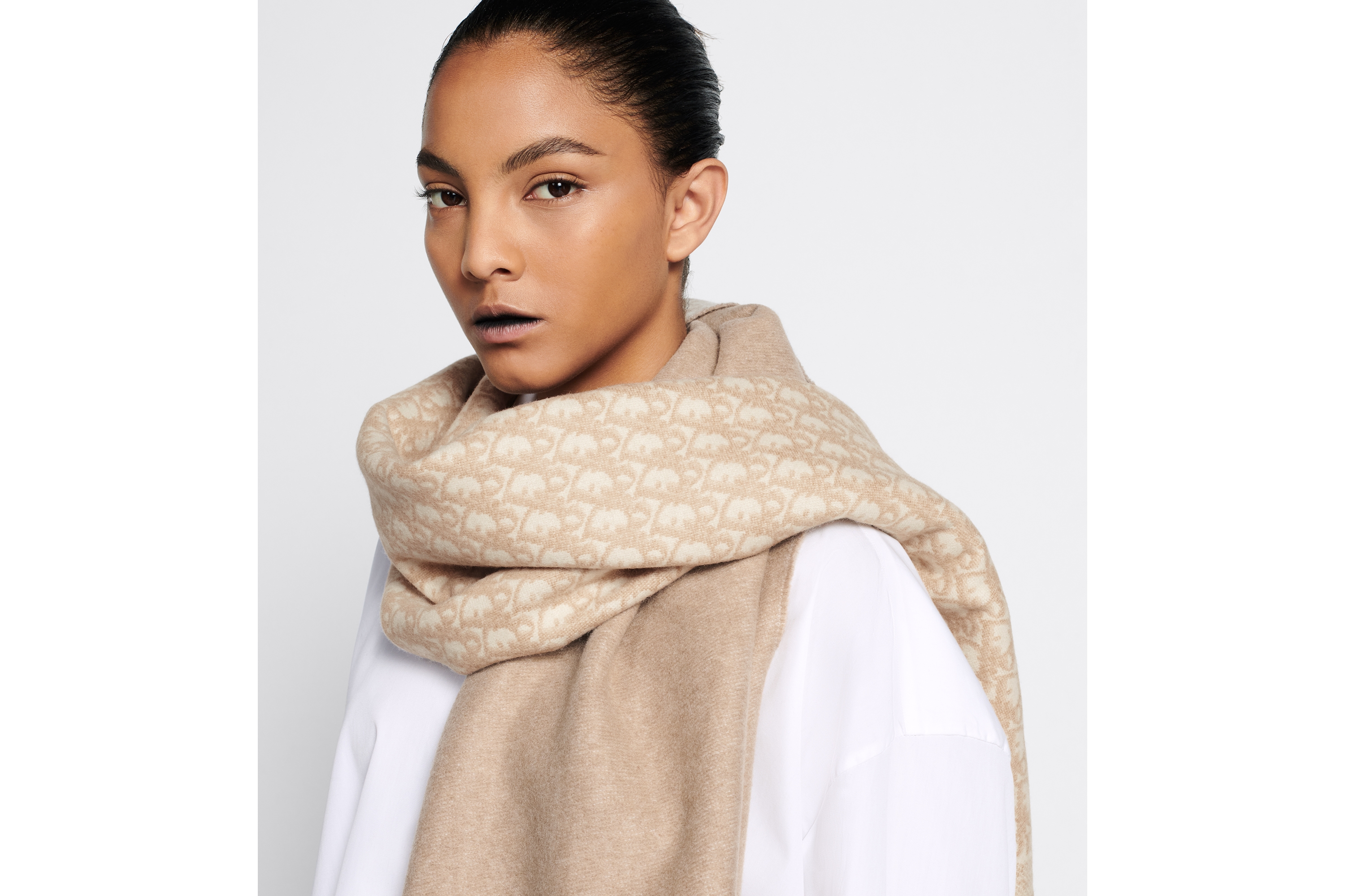 look_image_alt_prefix Dior 印花围巾 米白色和米色山羊绒面料 Oblique 印花 E08