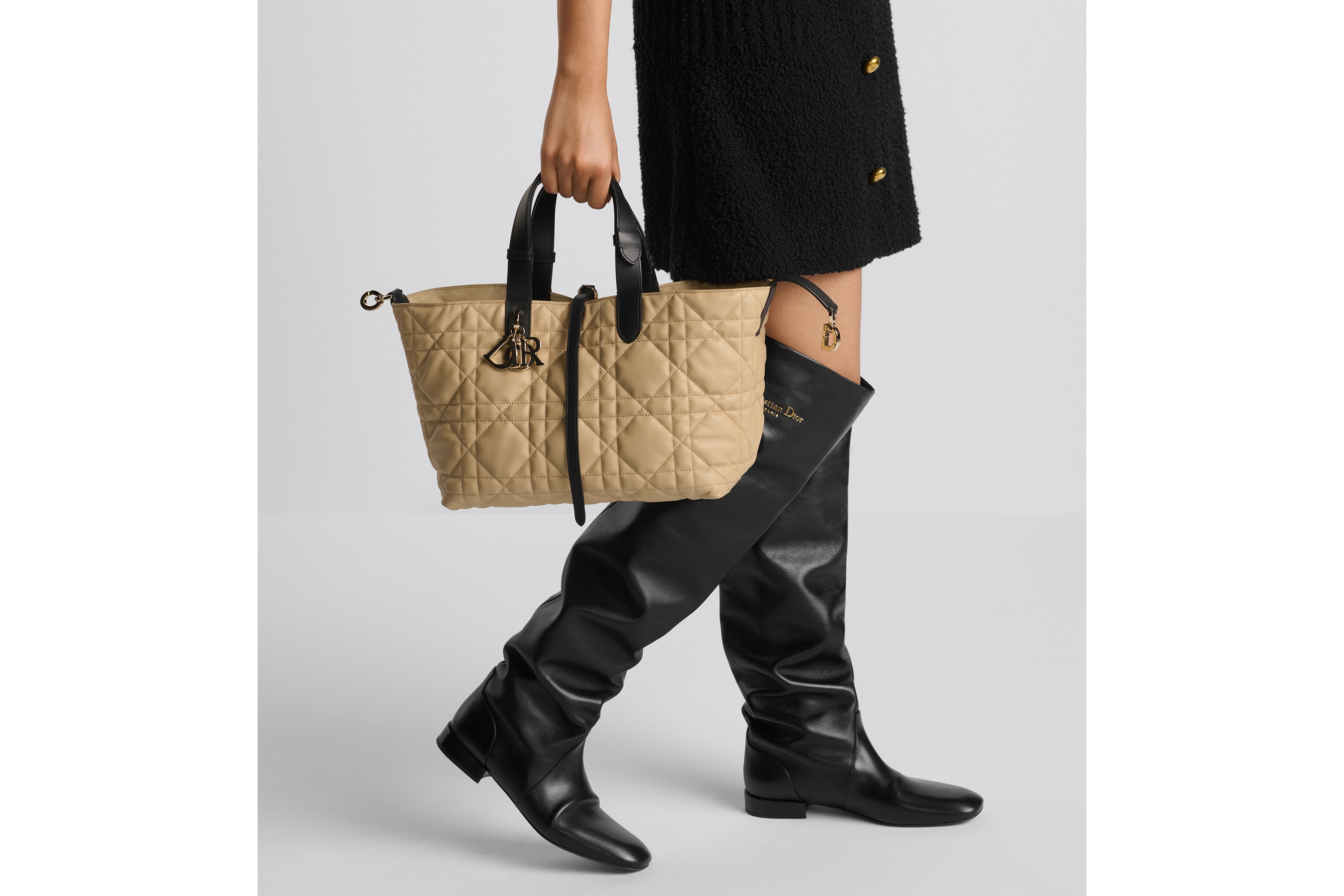 look_image_alt_prefix 中号 Dior Toujours 手袋 绳米色和黑色牛皮革超大藤格纹 E11