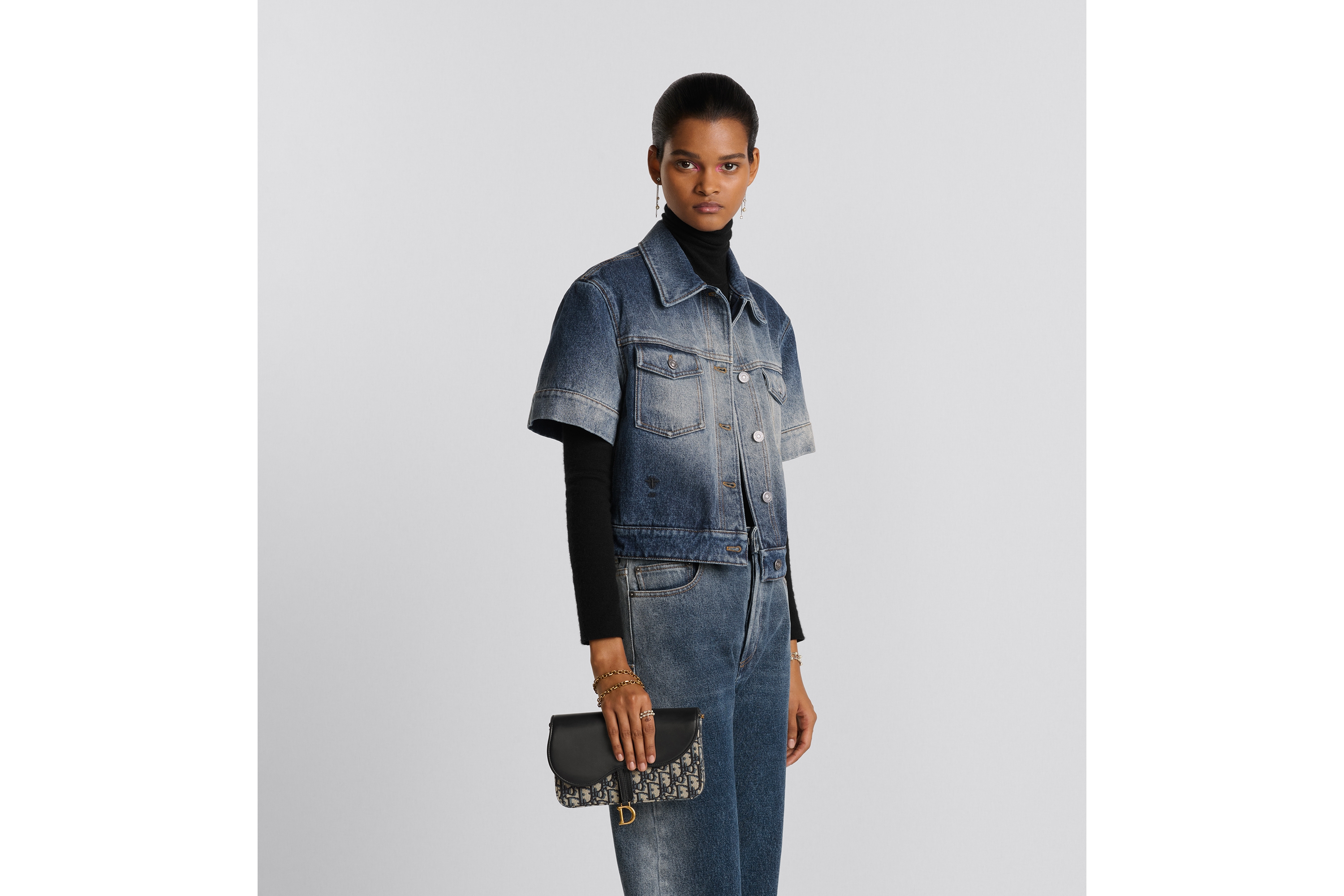 中号马鞍链条手袋 蓝色 Oblique 印花面料和光滑牛皮革 E04