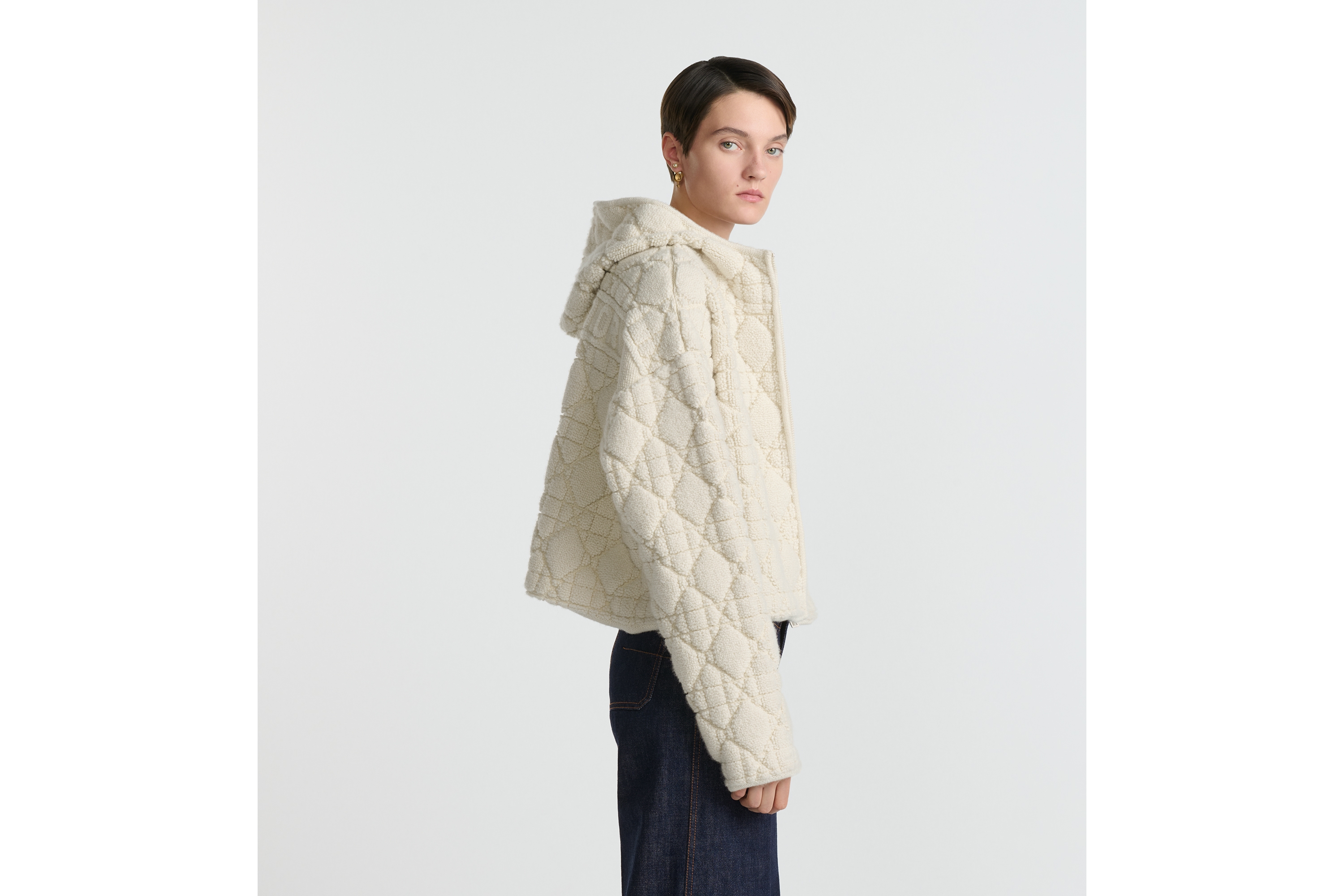 拉链连帽开衫 米白色绵羊毛混纺纹理针织藤格纹 E05