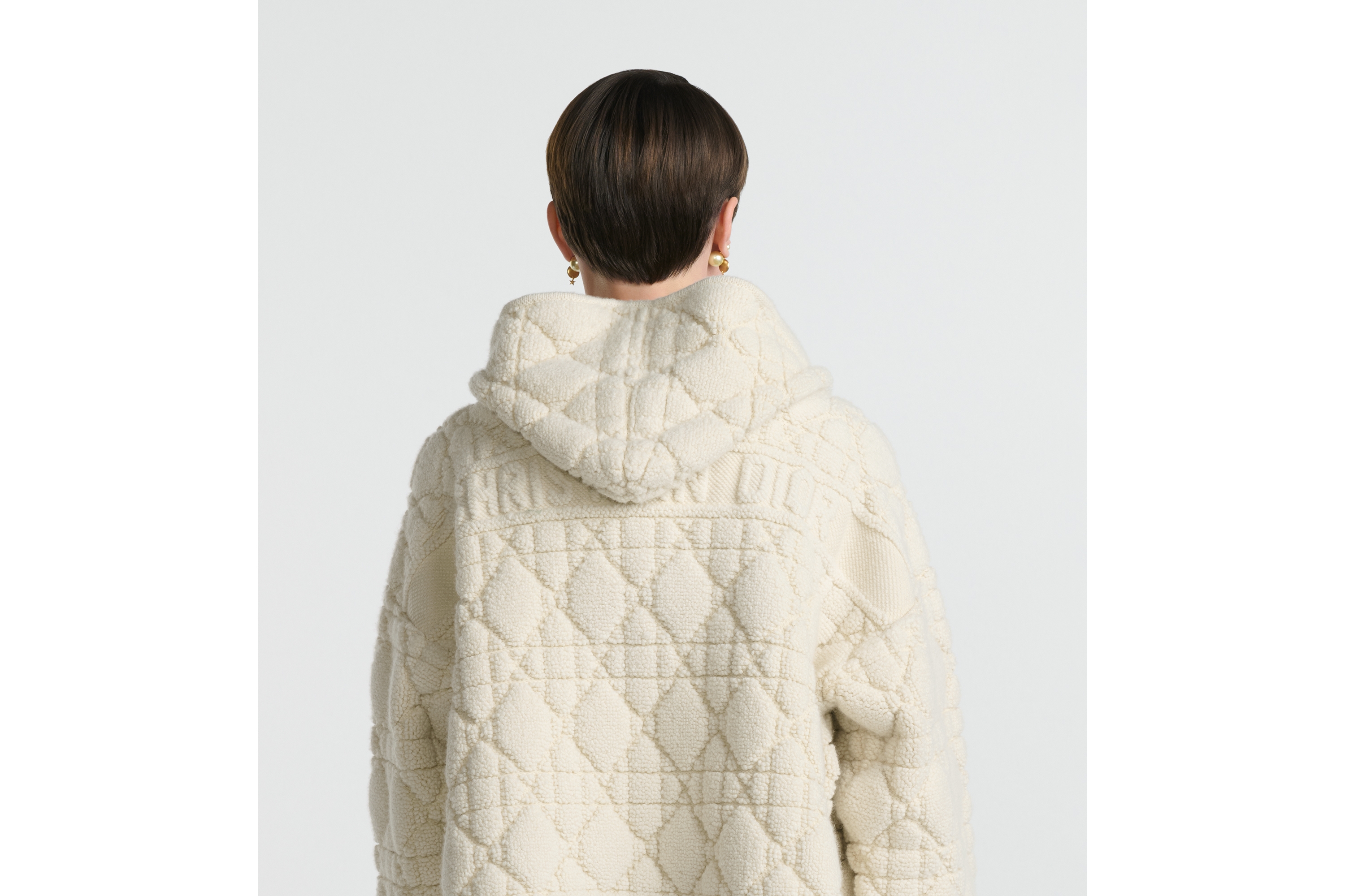 拉链连帽开衫 米白色绵羊毛混纺纹理针织藤格纹 E06