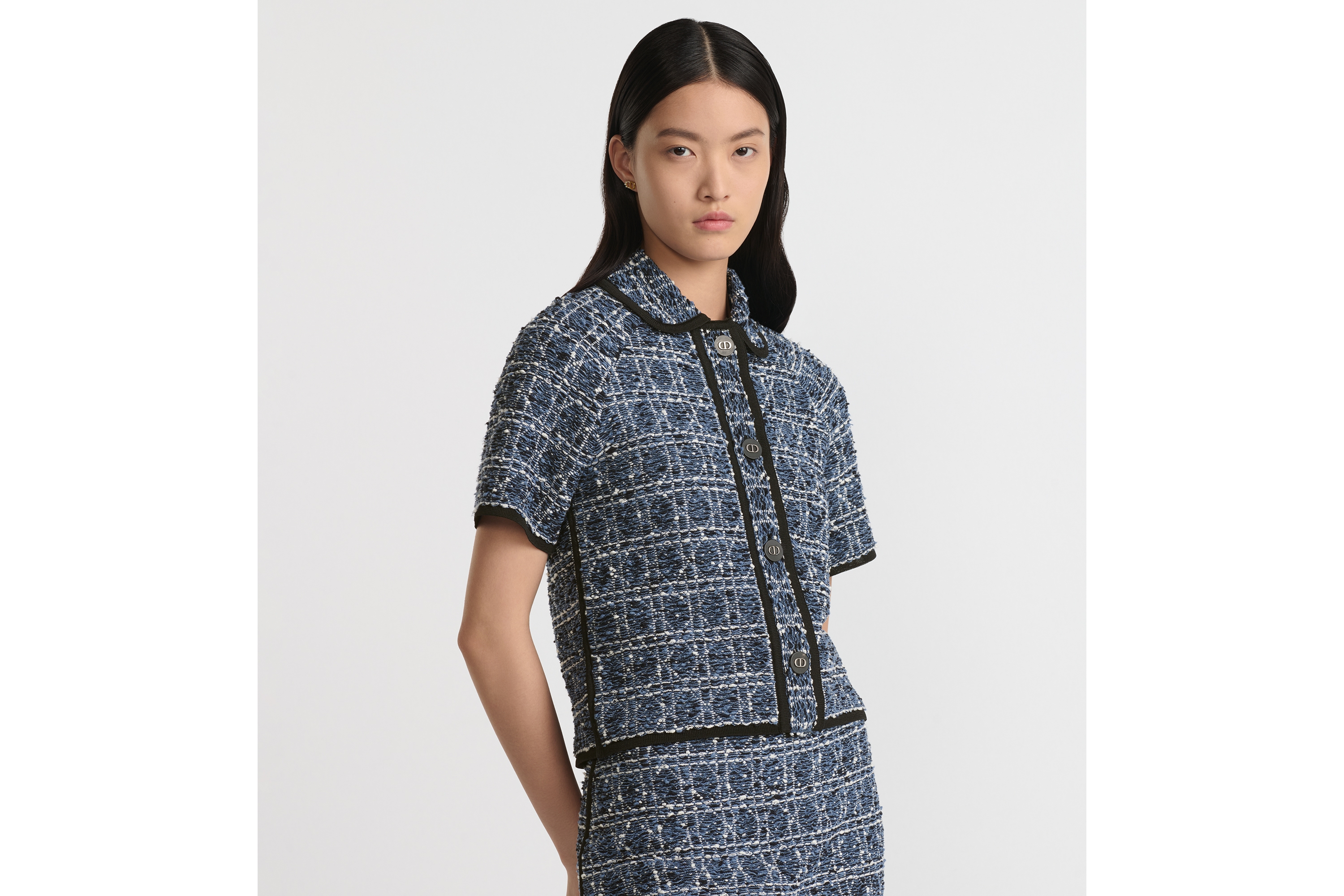 look_image_alt_prefix 短袖藤格纹夹克 白色和蓝色棉质混纺粗花呢 E04