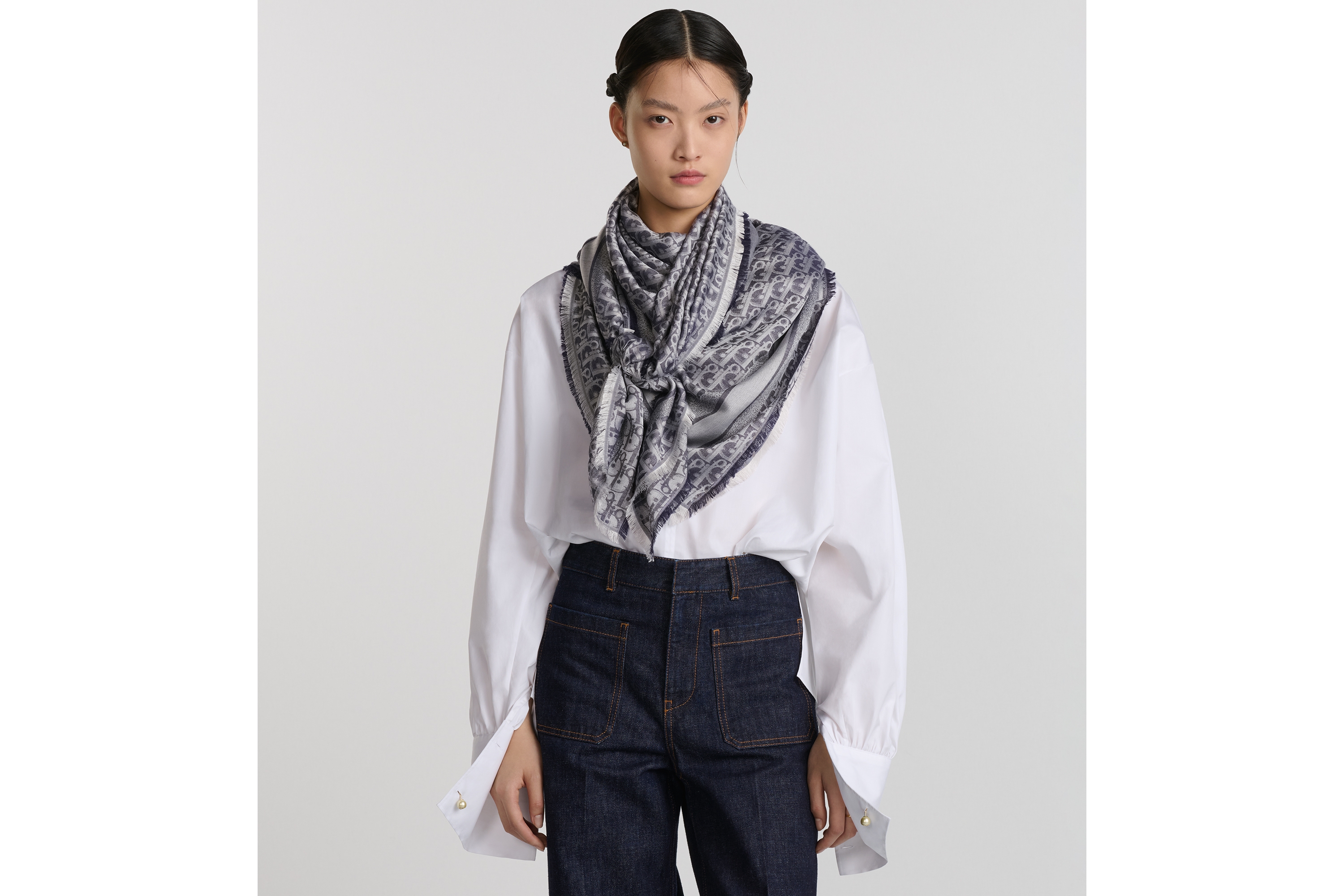 Dior 印花披肩 海军蓝色桑蚕丝混纺面料 Oblique 印花 E04