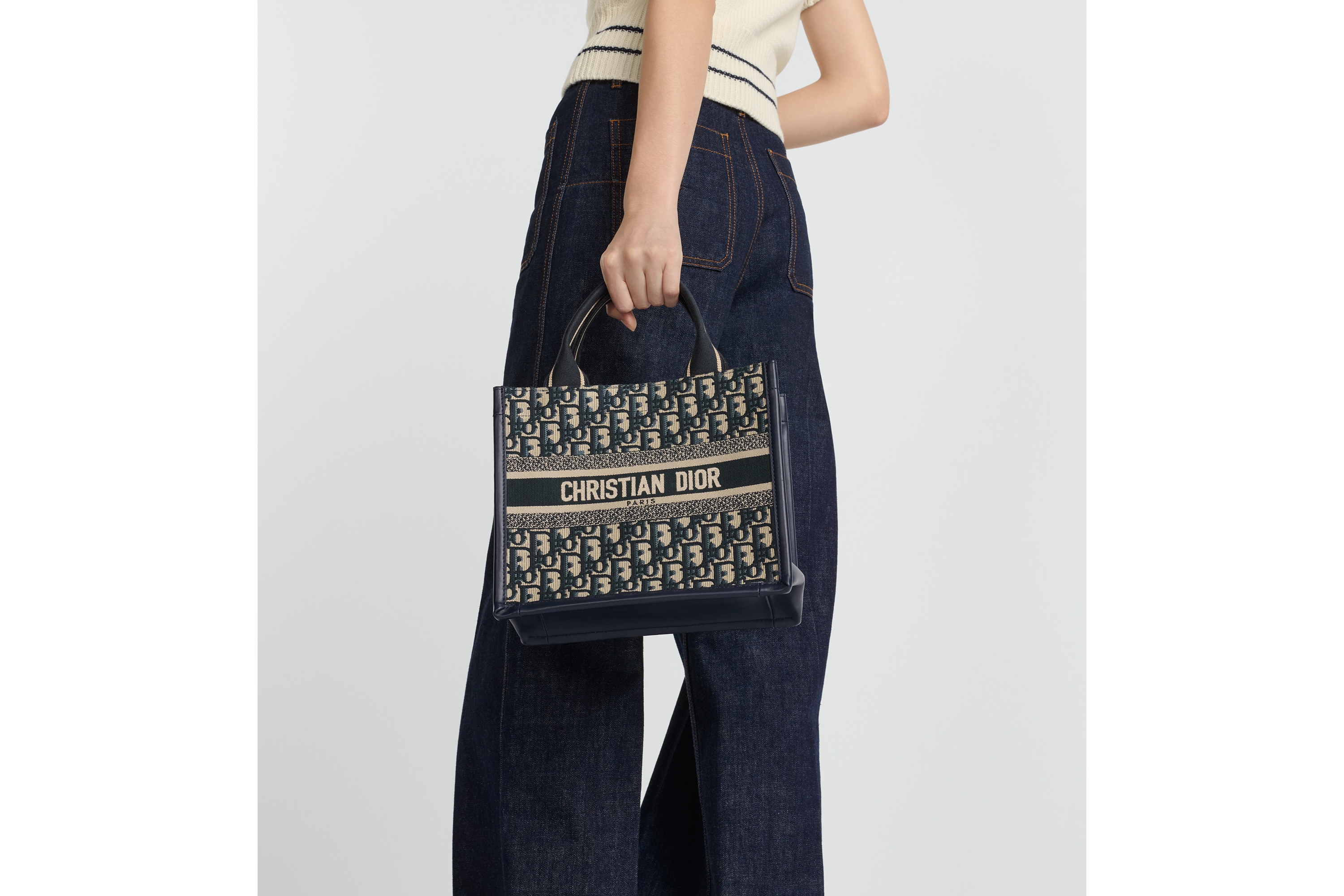 look_image_alt_prefix 小号 Book Tote 手袋 蓝色 Oblique 印花面料和牛皮革（26.5 x 22 x 14 厘米） E10