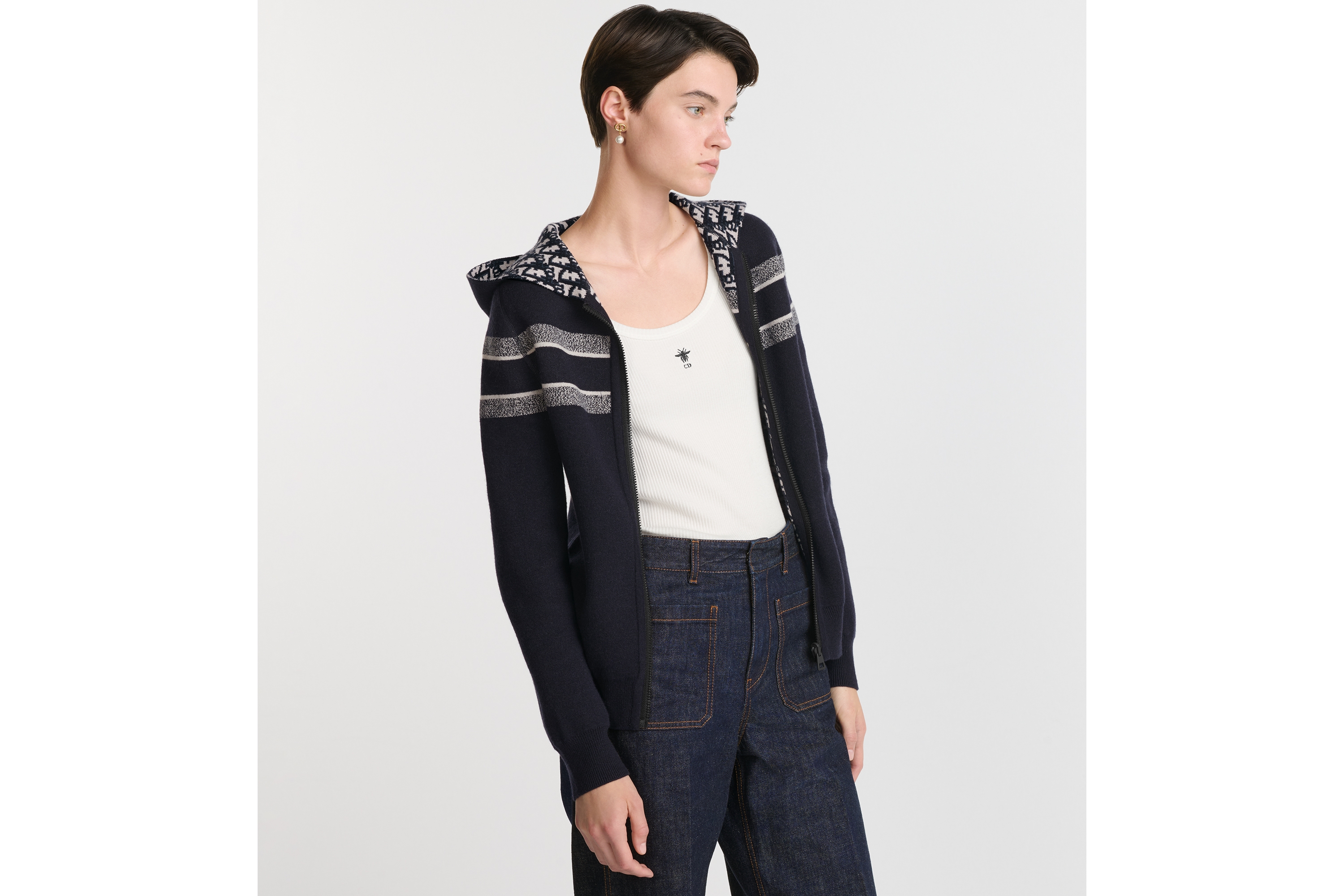 look_image_alt_prefix 双面连帽拉链开衫 蓝色山羊绒混纺针织面料 Oblique 印花 E04