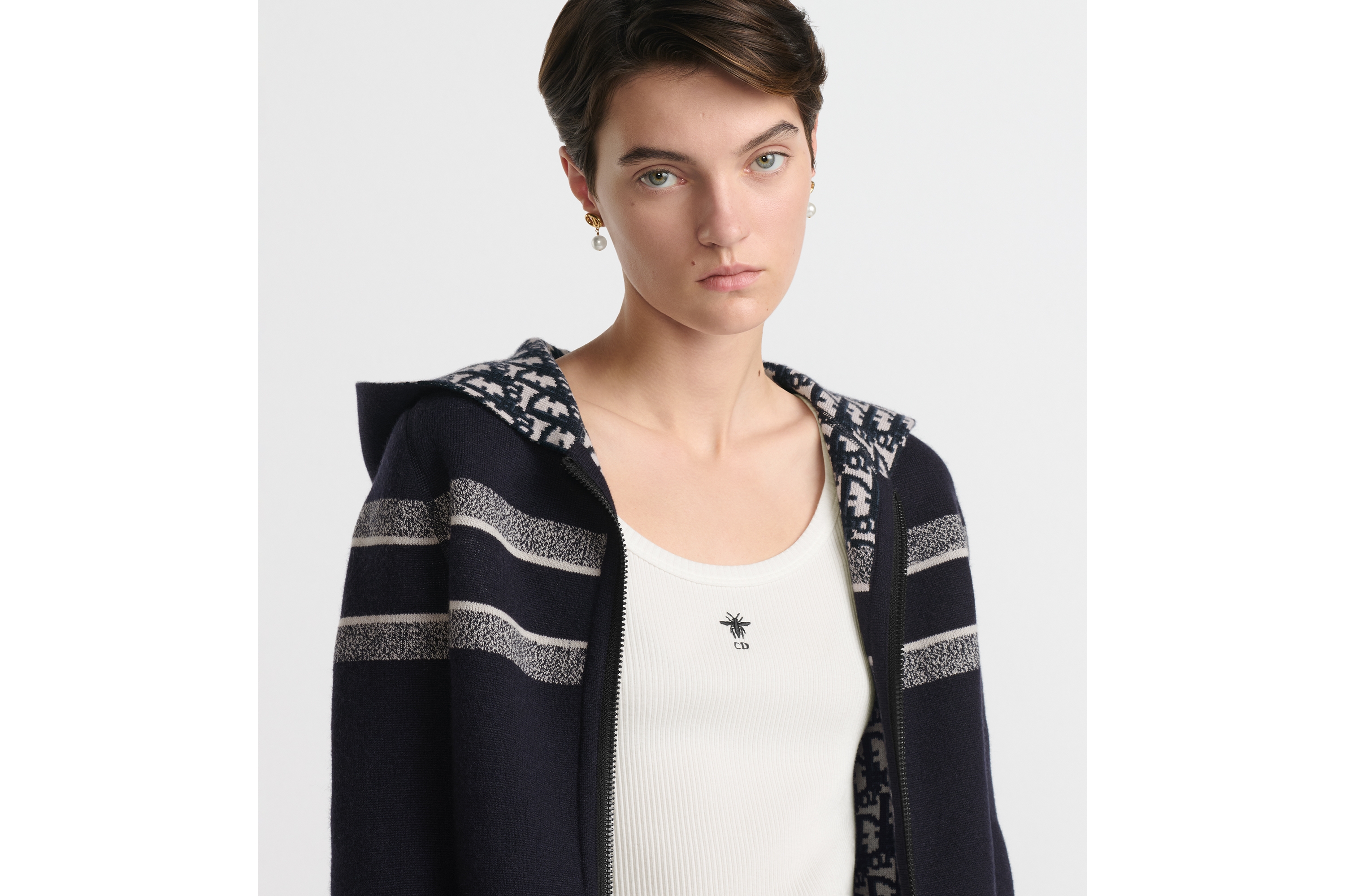 look_image_alt_prefix 双面连帽拉链开衫 蓝色山羊绒混纺针织面料 Oblique 印花 E12