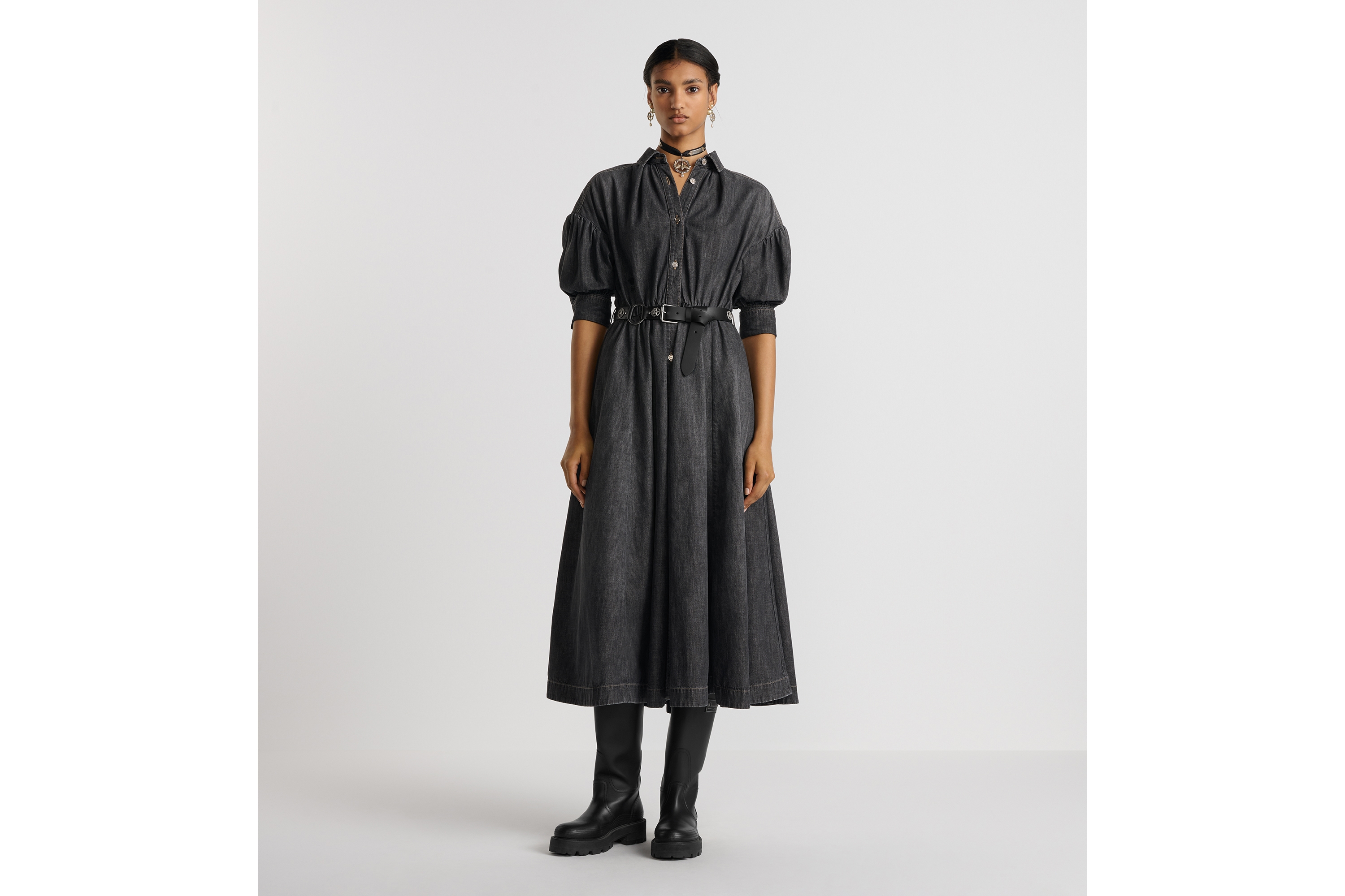 喇叭形中长款连衣裙 黑色石洗棉质牛仔布 E01