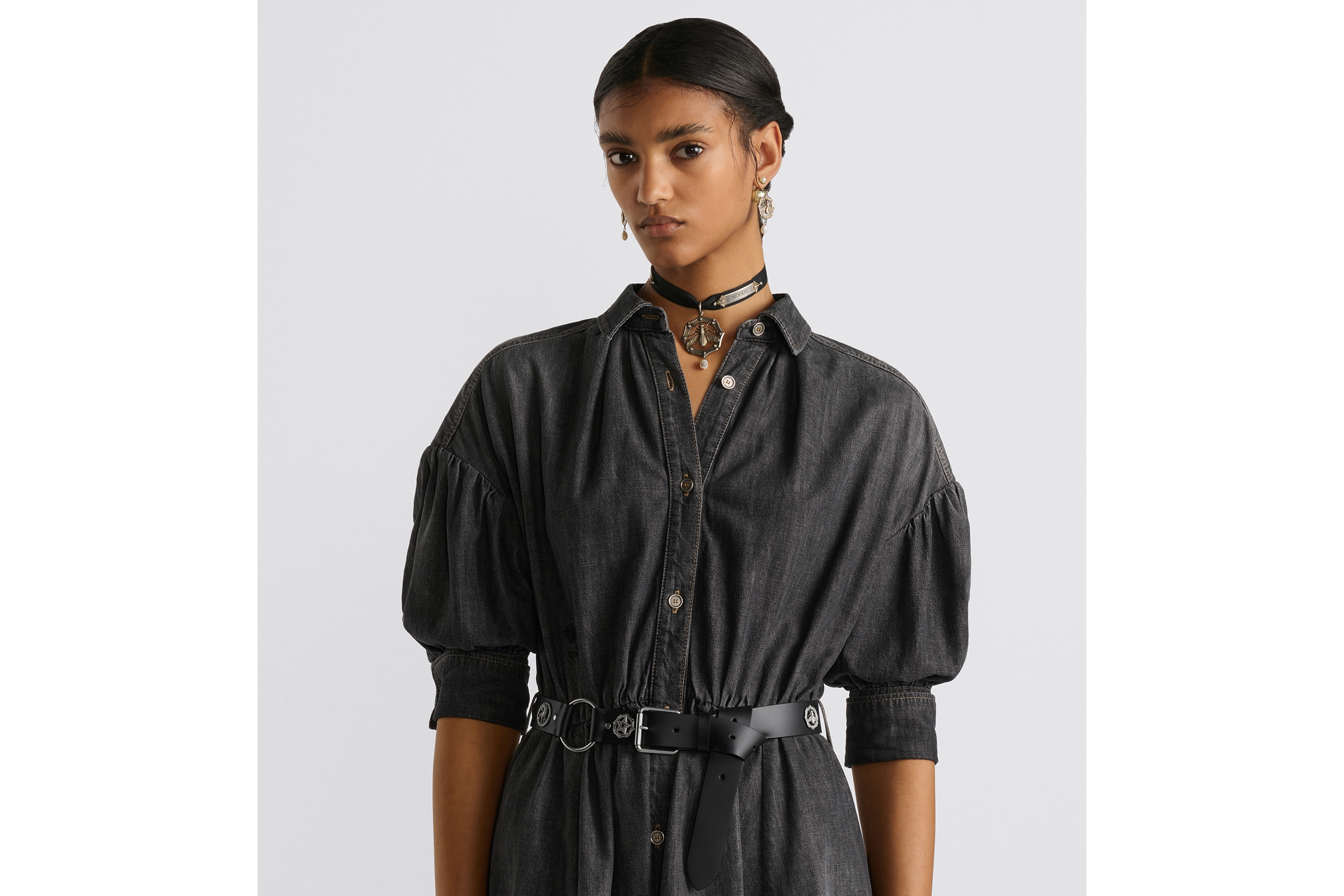 喇叭形中长款连衣裙 黑色石洗棉质牛仔布 E04