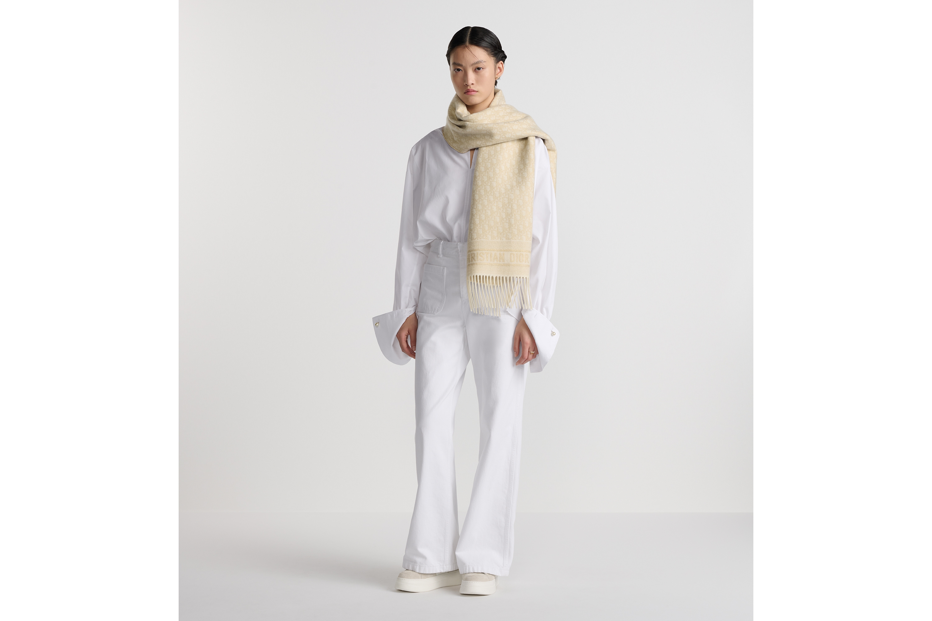 look_image_alt_prefix Dior 印花围巾 米白色山羊绒混纺面料金色金属光泽线 Oblique 印花 E17