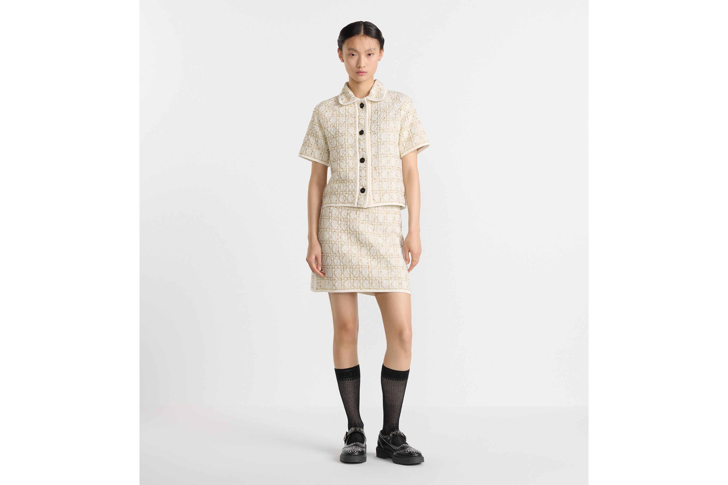 look_image_alt_prefix Dior Or 迷你裙 白色和金色调棉质混纺粗花呢藤格纹 E01