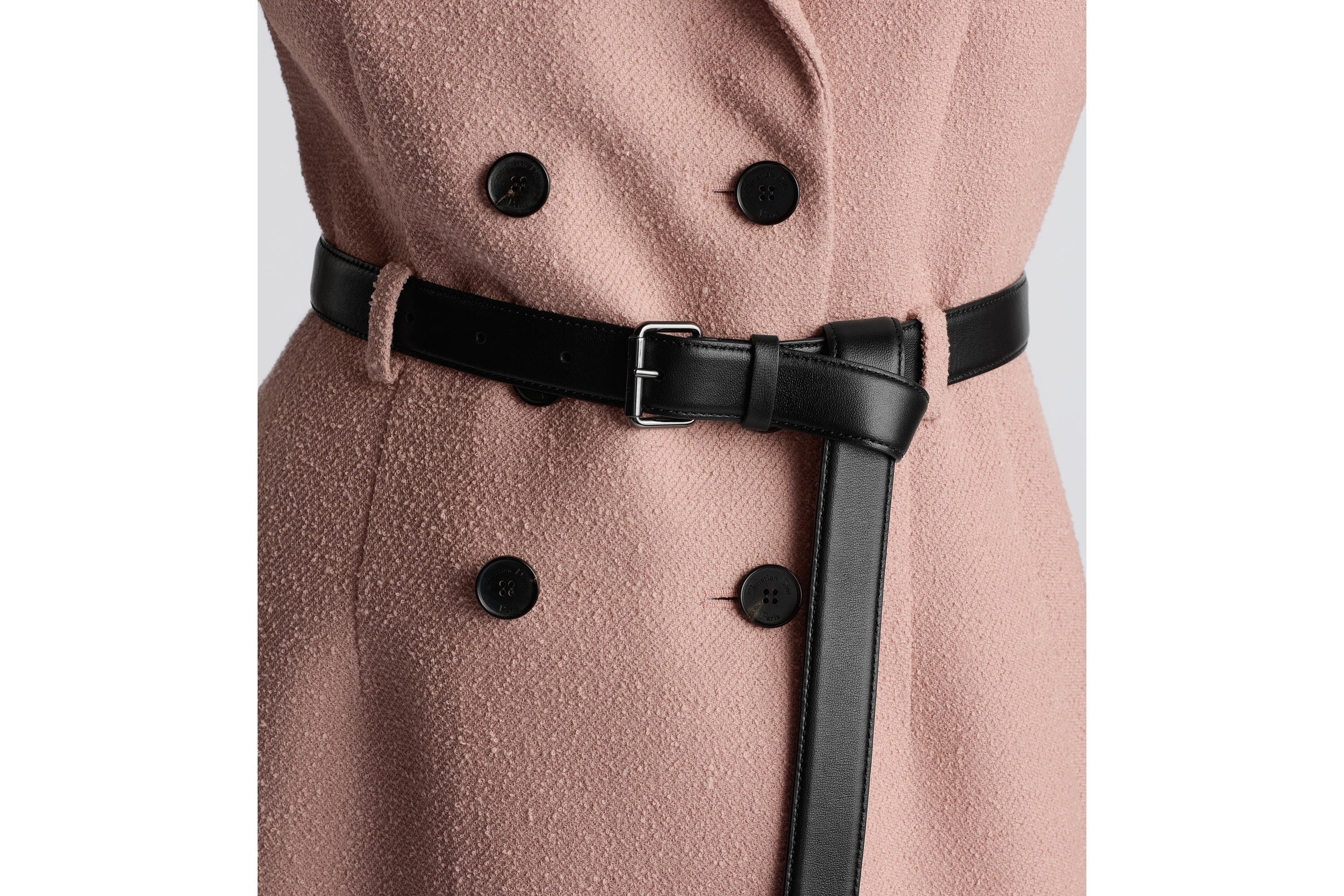 look_image_alt_prefix 短款连衣裙 桃花粉色绵羊毛混纺毛圈花式线面料搭配腰带 E13