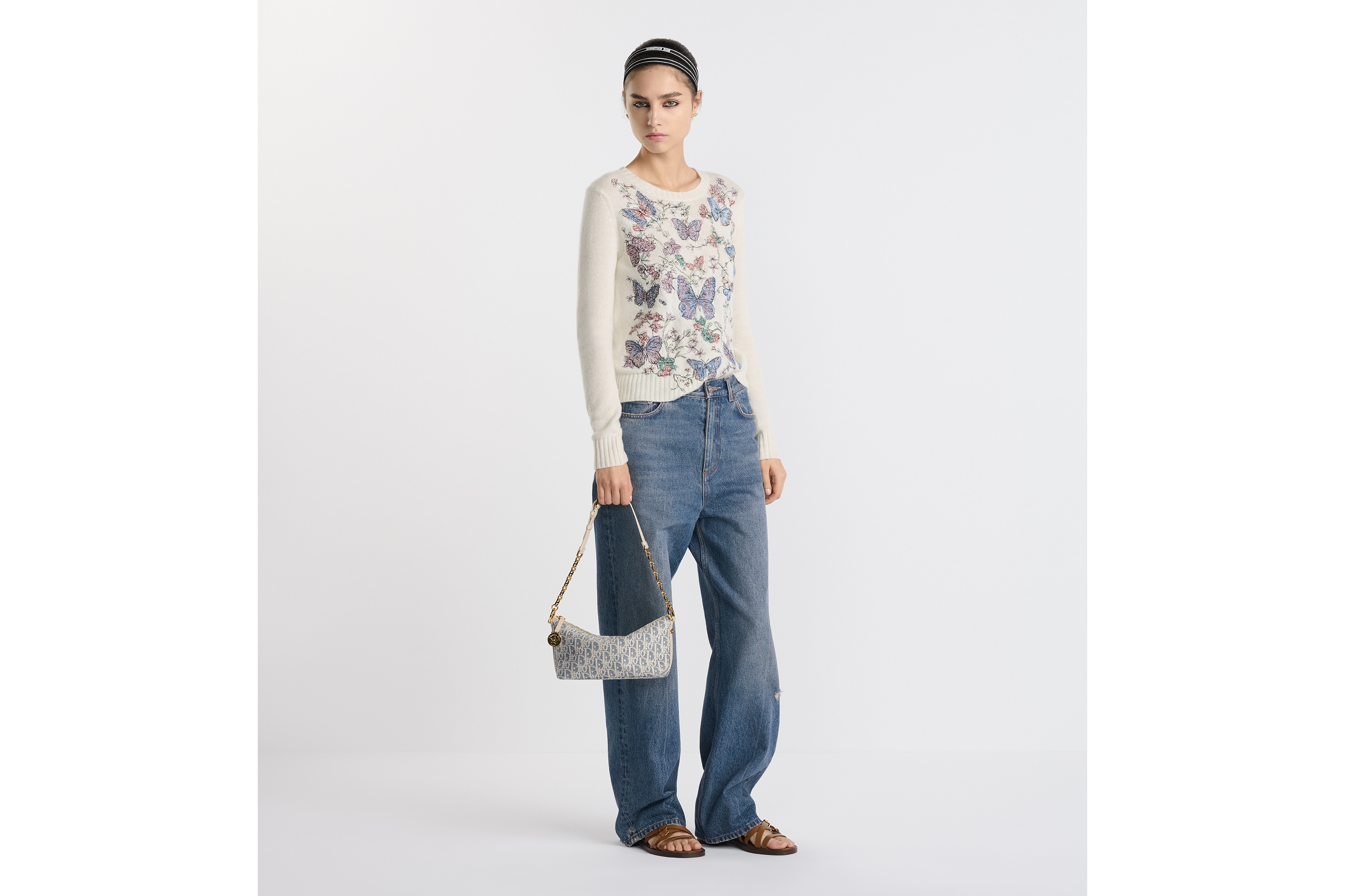 look_image_alt_prefix Diorstar Hobo 链条手袋 蓝色酒椰草效果格纹布 Oblique 印花和浅饼干色光滑牛皮革 E17