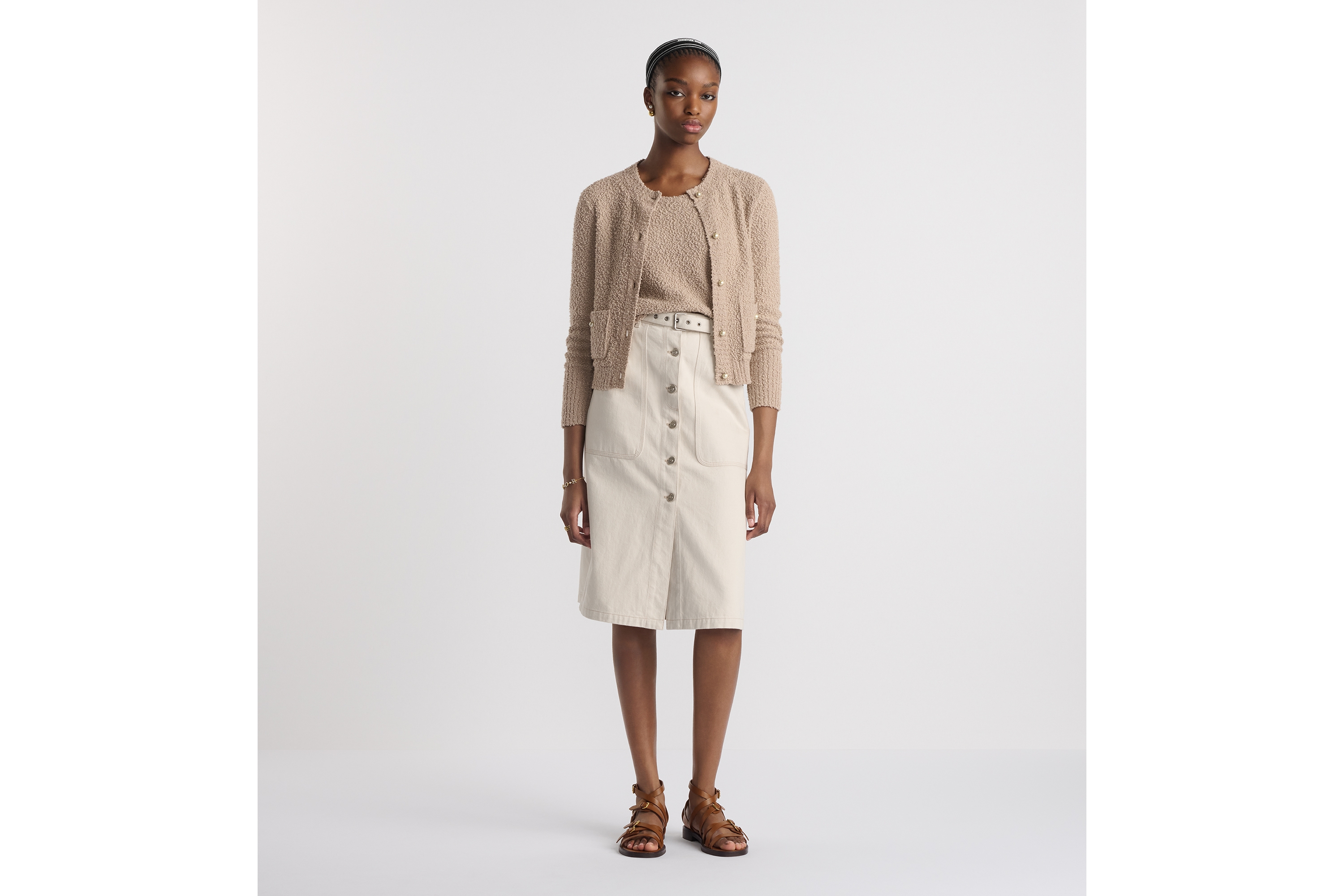 look_image_alt_prefix 半身裙 米白色棉质牛仔布内部 Oblique 印花搭配腰带 E01