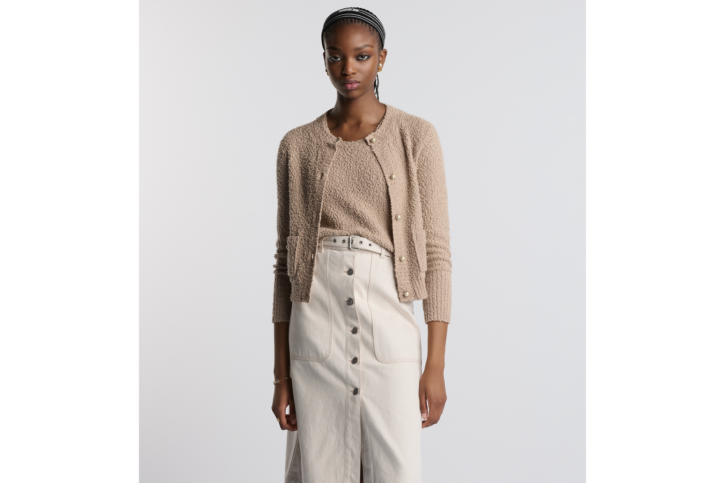 两件套 米色棉质混纺毛圈花式线针织面料 E04