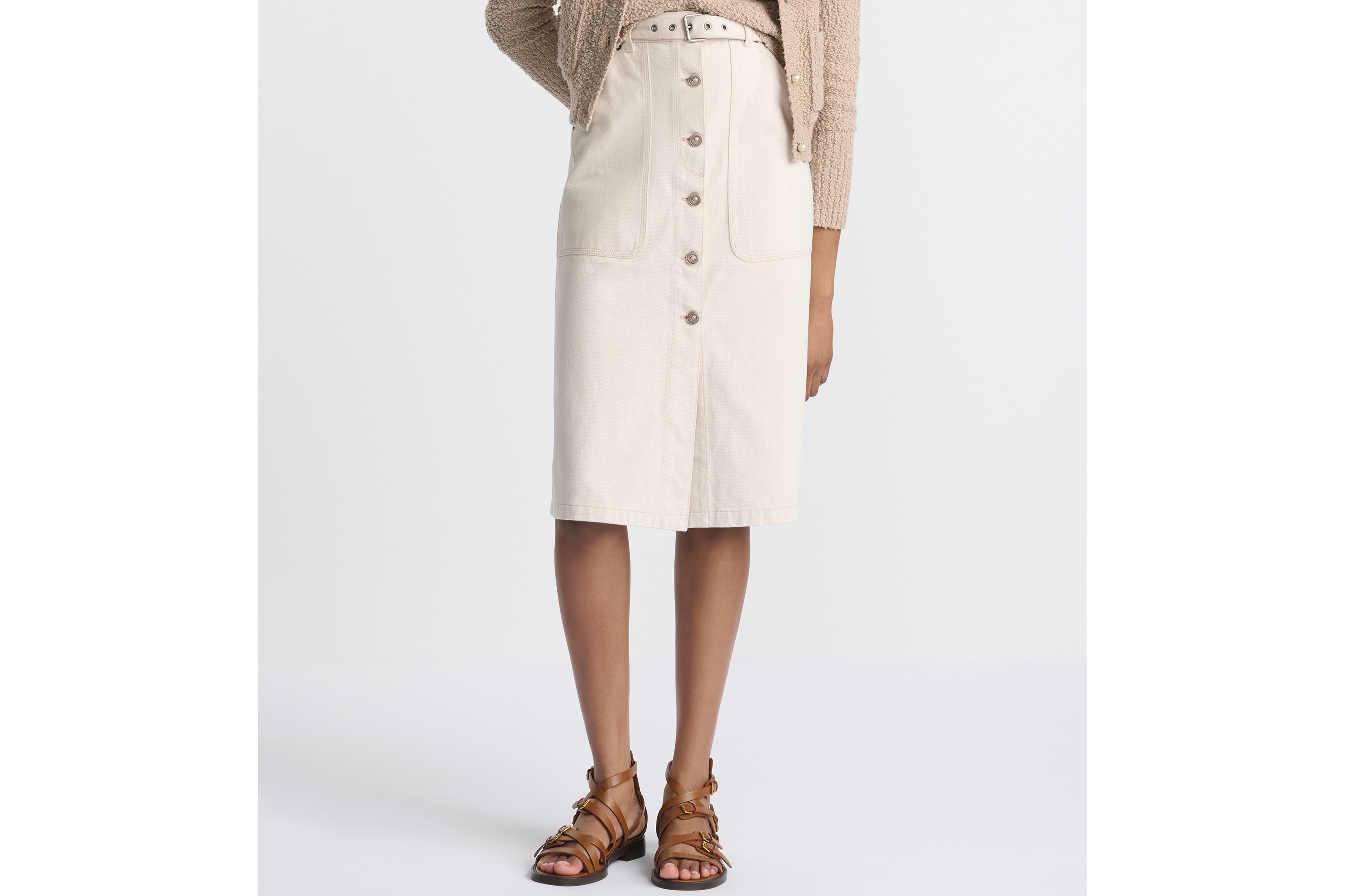 look_image_alt_prefix 半身裙 米白色棉质牛仔布内部 Oblique 印花搭配腰带 E14