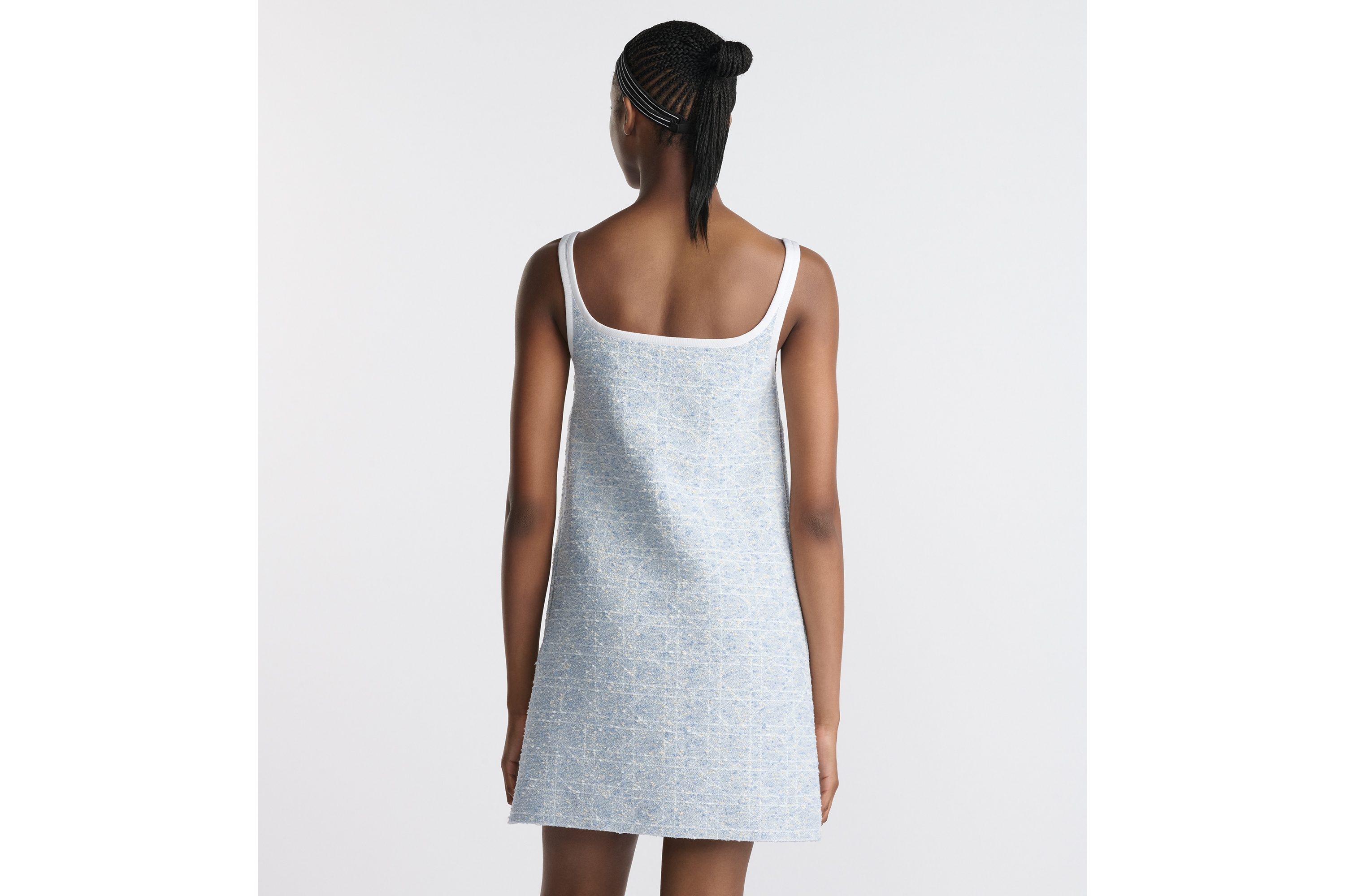 短款喇叭形连衣裙 天蓝色和白色棉质混纺粗花呢藤格纹 E06