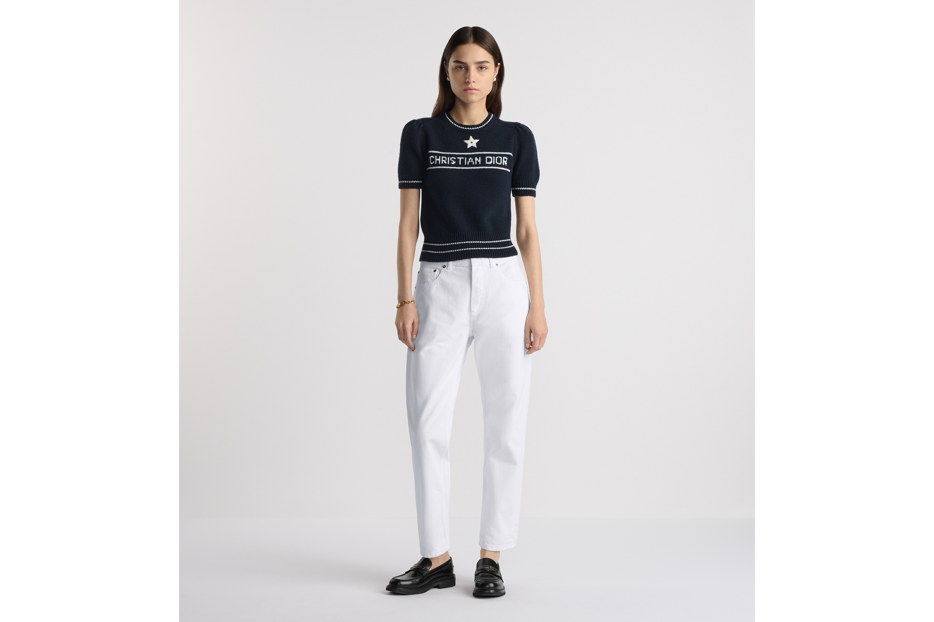 look_image_alt_prefix 短袖针织衫 海军蓝色绵羊毛和山羊绒混纺针织面料 Christian Dior 标志 E01