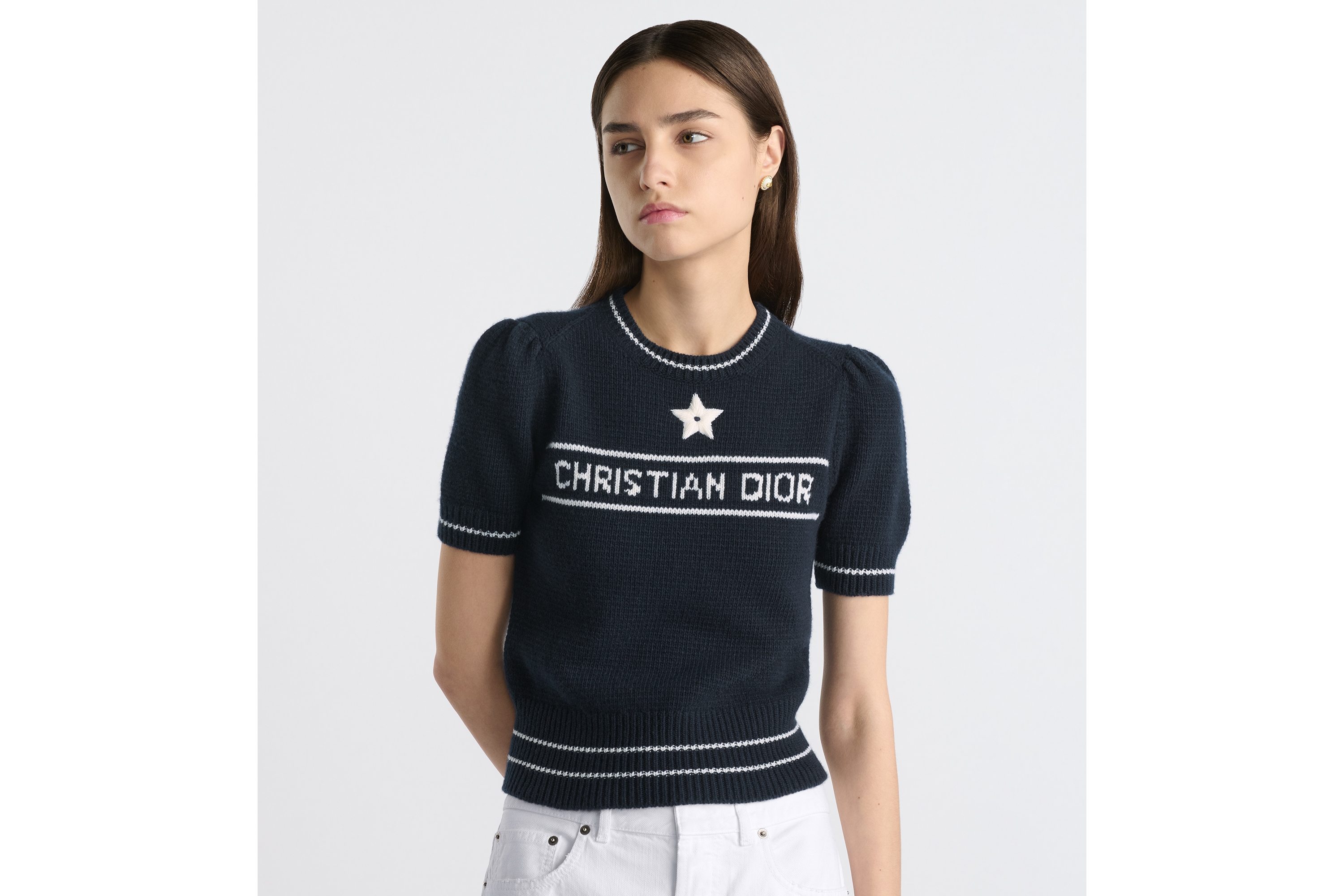 look_image_alt_prefix 短袖针织衫 海军蓝色绵羊毛和山羊绒混纺针织面料 Christian Dior 标志 E04