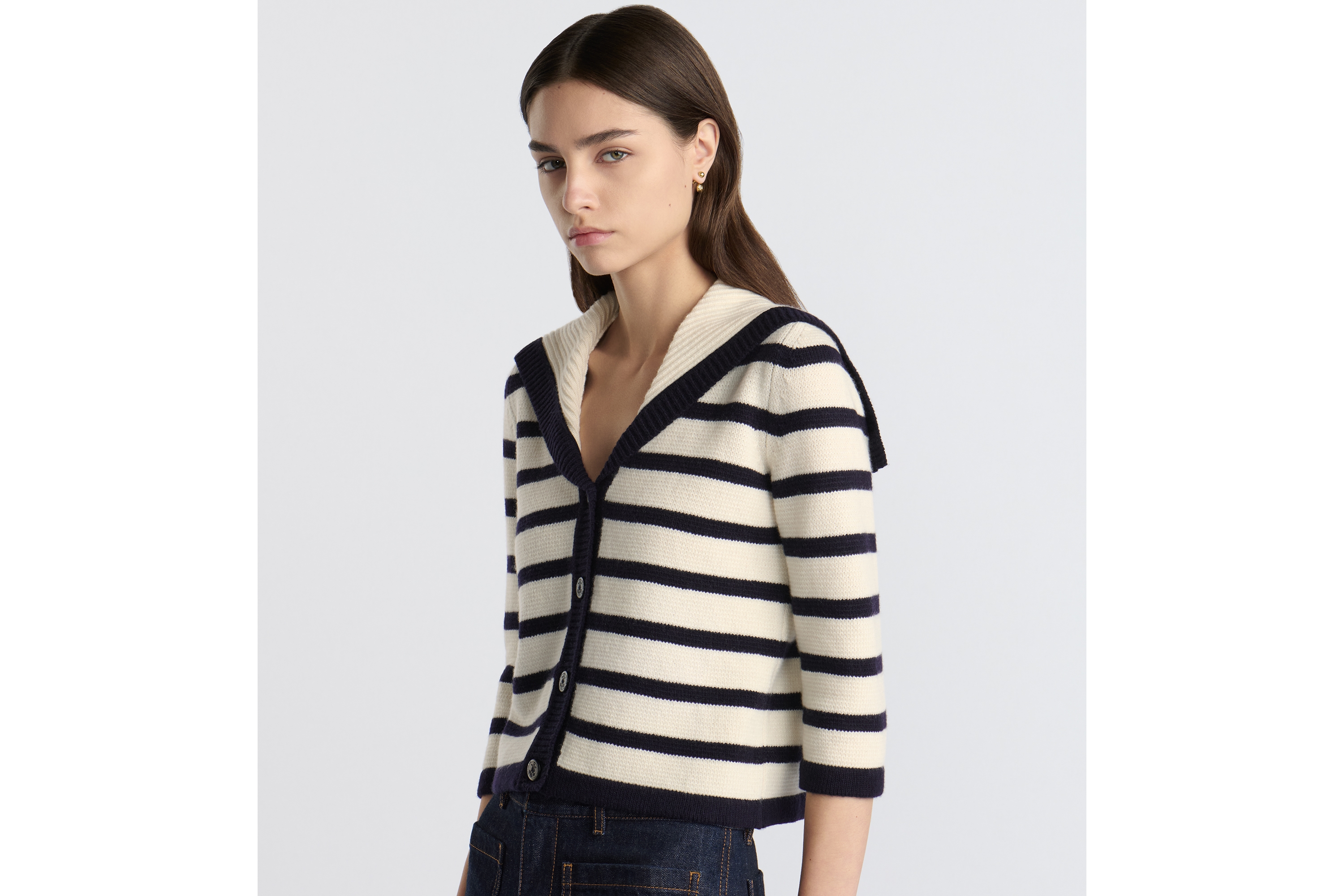 look_image_alt_prefix Dior Marinière 开衫 海军蓝色和米白色绵羊毛和山羊绒混纺针织面料 D-Stripes 图案 E04