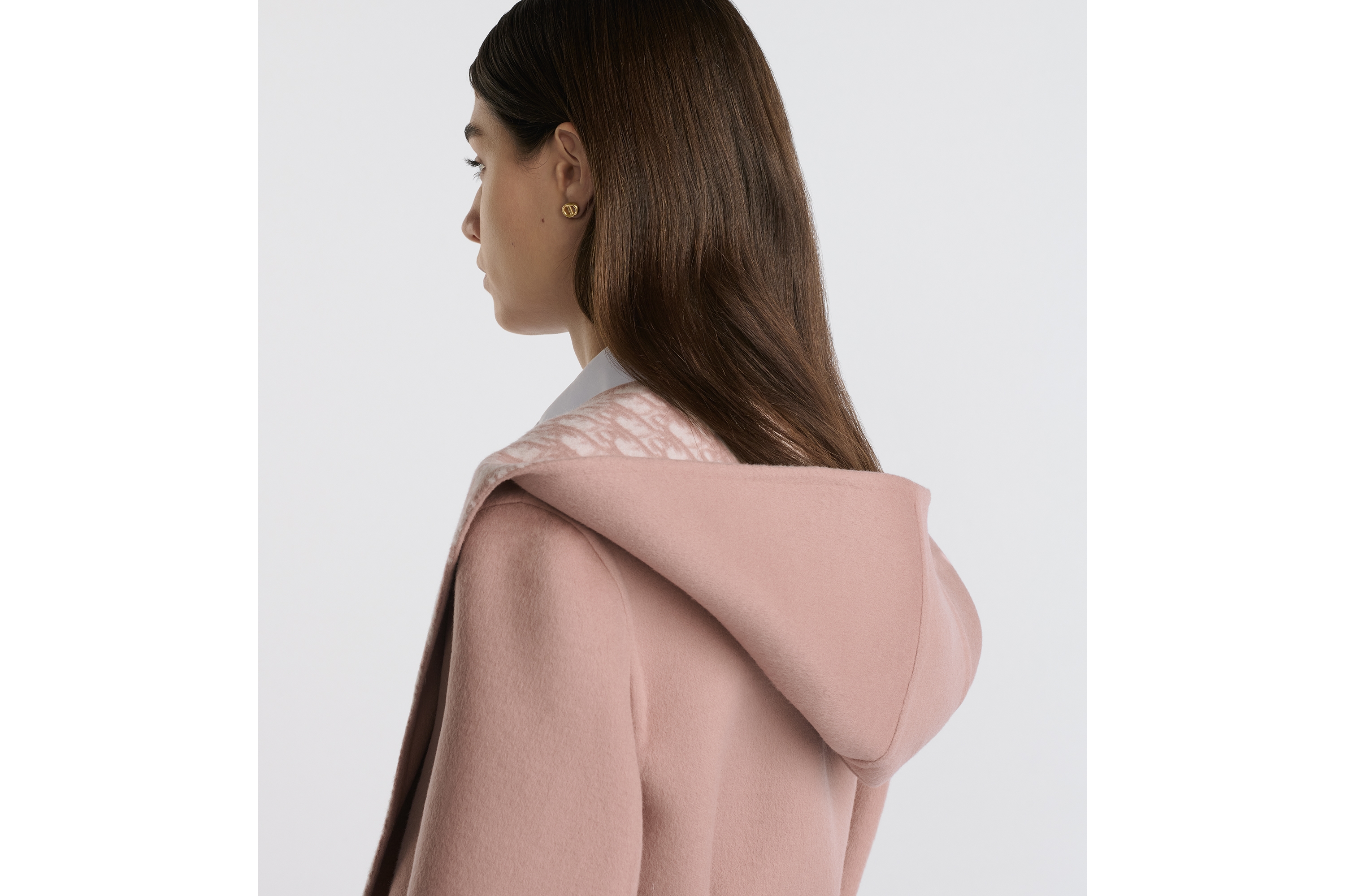 短款连帽大衣 玫瑰粉色双面绵羊毛混纺面料搭配腰带 E06