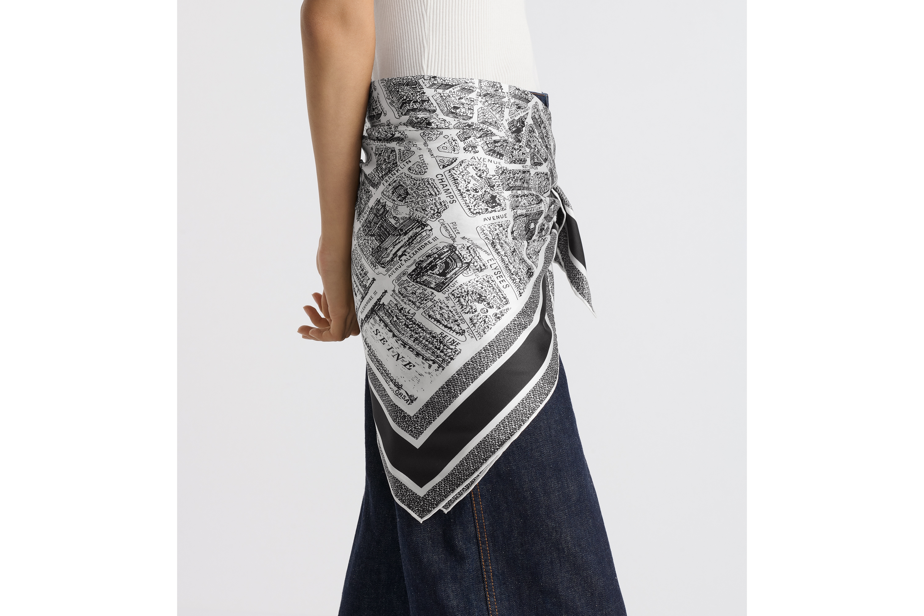 look_image_alt_prefix Dior 印花方巾 90 厘米白色和黑色桑蚕丝斜纹面料 Plan de Paris 印花 E10