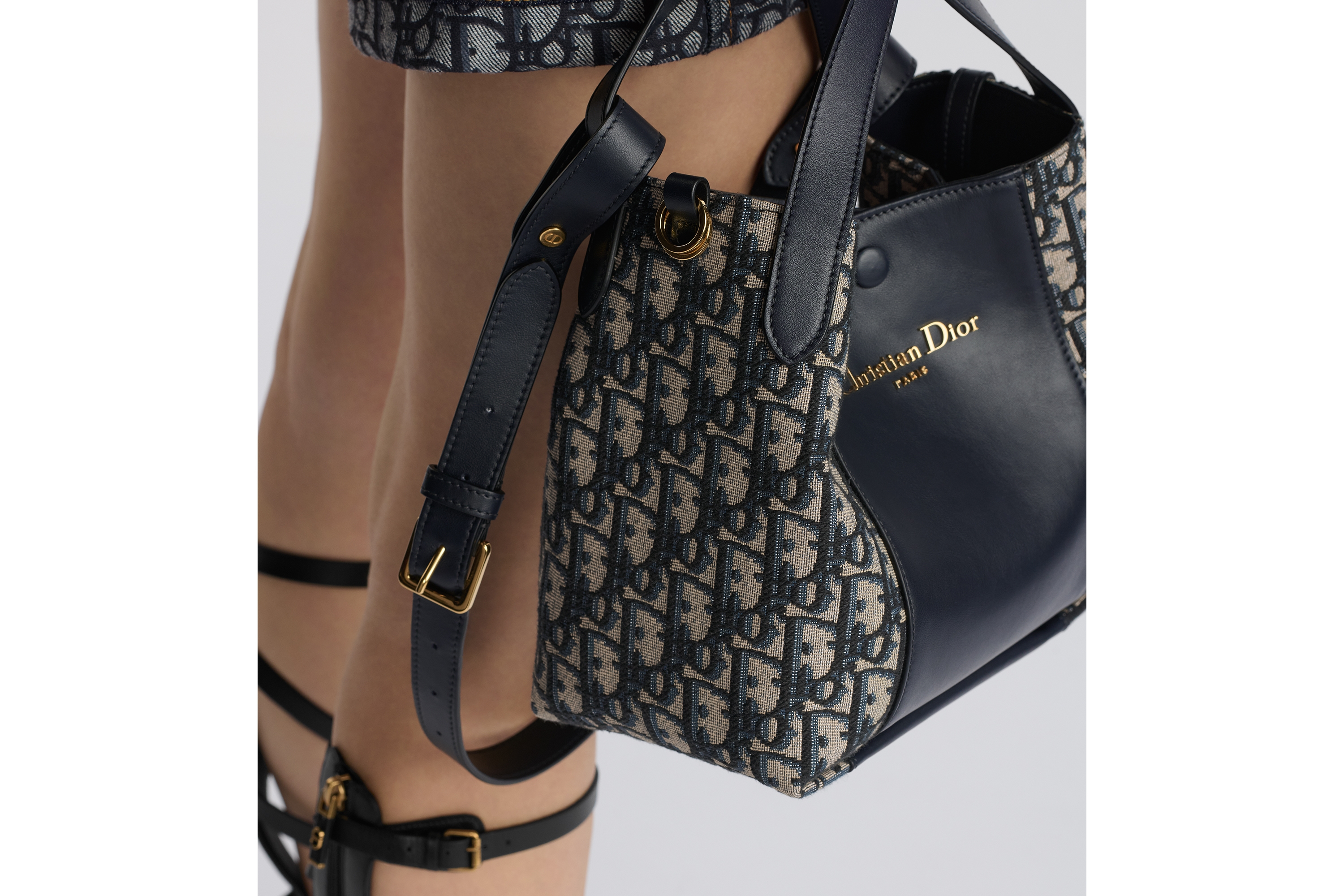 look_image_alt_prefix 小号 Signature 水桶包 蓝色 Oblique 印花面料和光滑牛皮革 E17