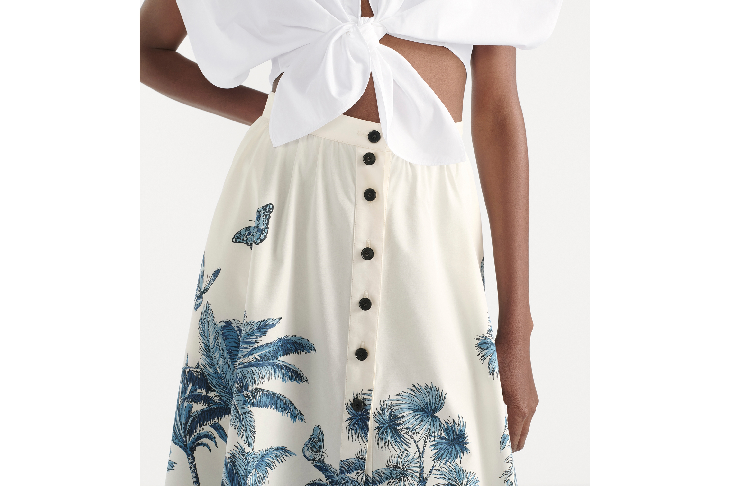 look_image_alt_prefix Dioriviera 中长款喇叭形半身裙 白色和蓝色棉质混纺府绸 Palms 茹伊印花 E13