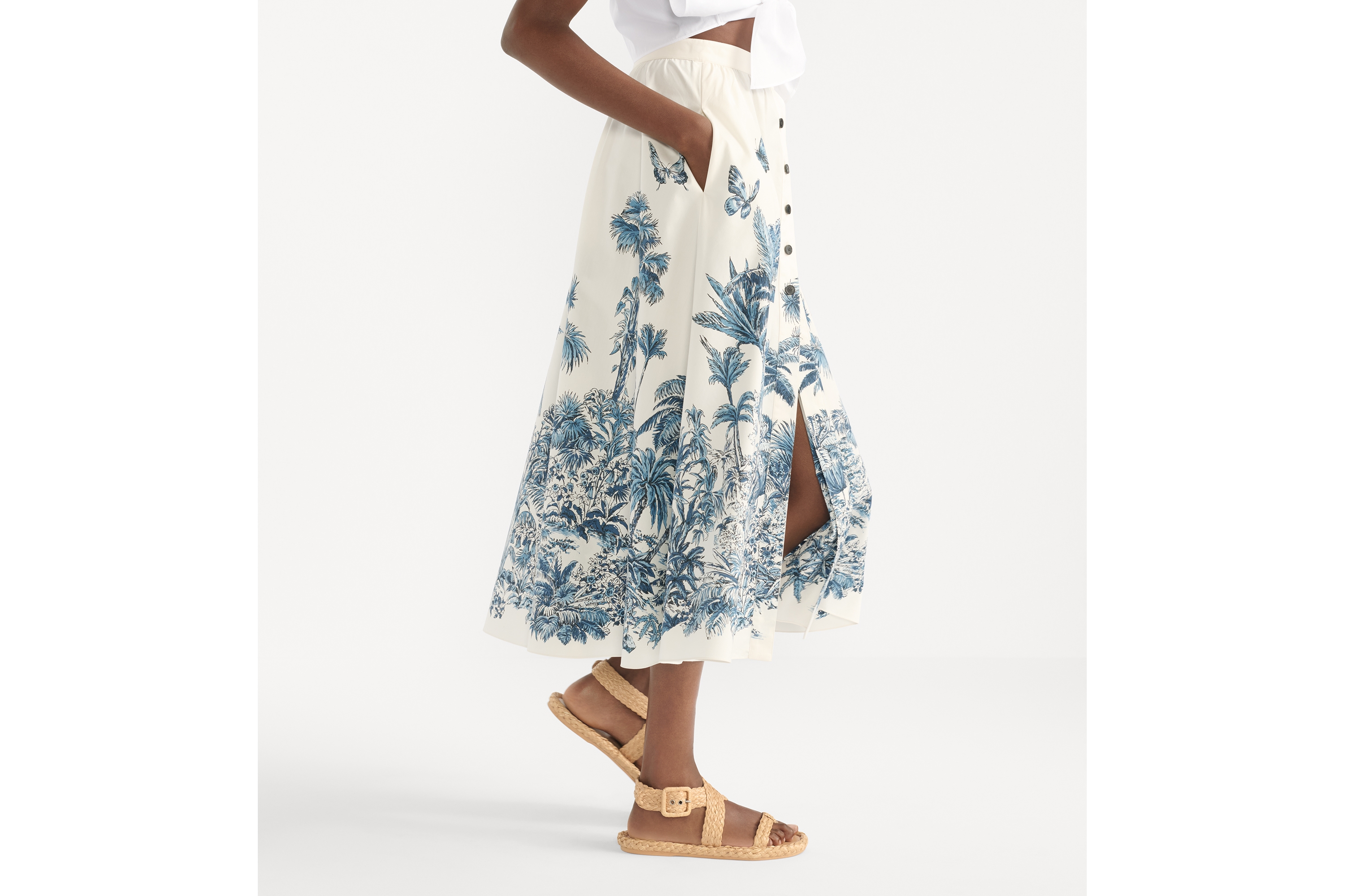 look_image_alt_prefix Dioriviera 中长款喇叭形半身裙 白色和蓝色棉质混纺府绸 Palms 茹伊印花 E16