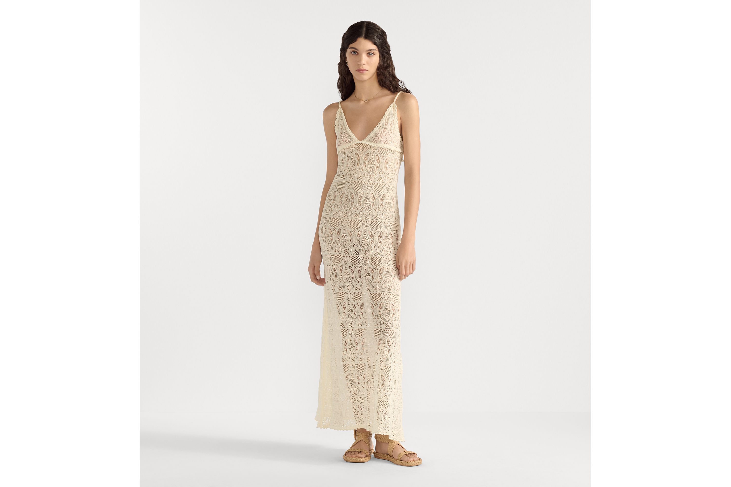 Dioriviera 长款喇叭形连衣裙 米白色棉质钩编蝴蝶图案 E01