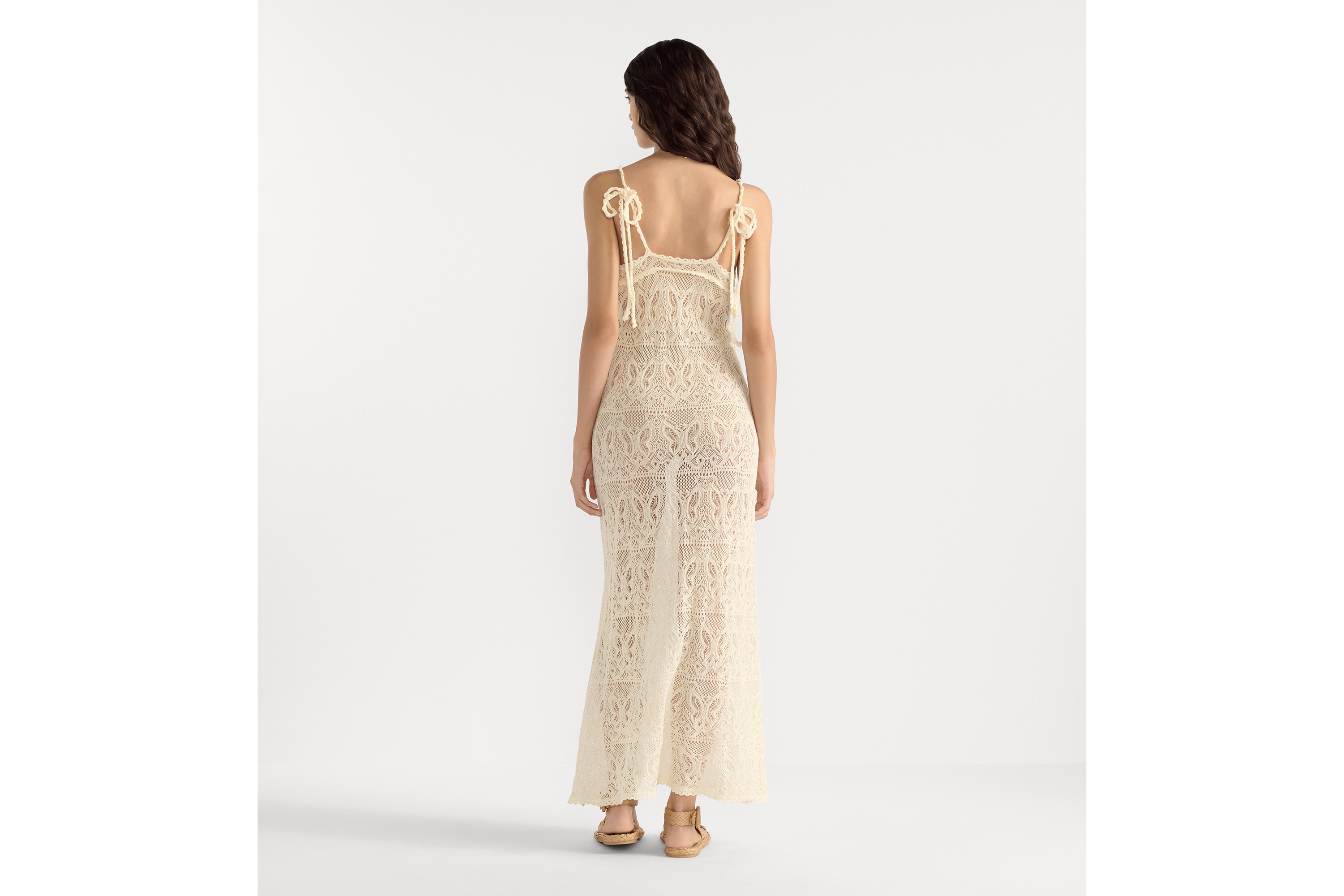 Dioriviera 长款喇叭形连衣裙 米白色棉质钩编蝴蝶图案 E03