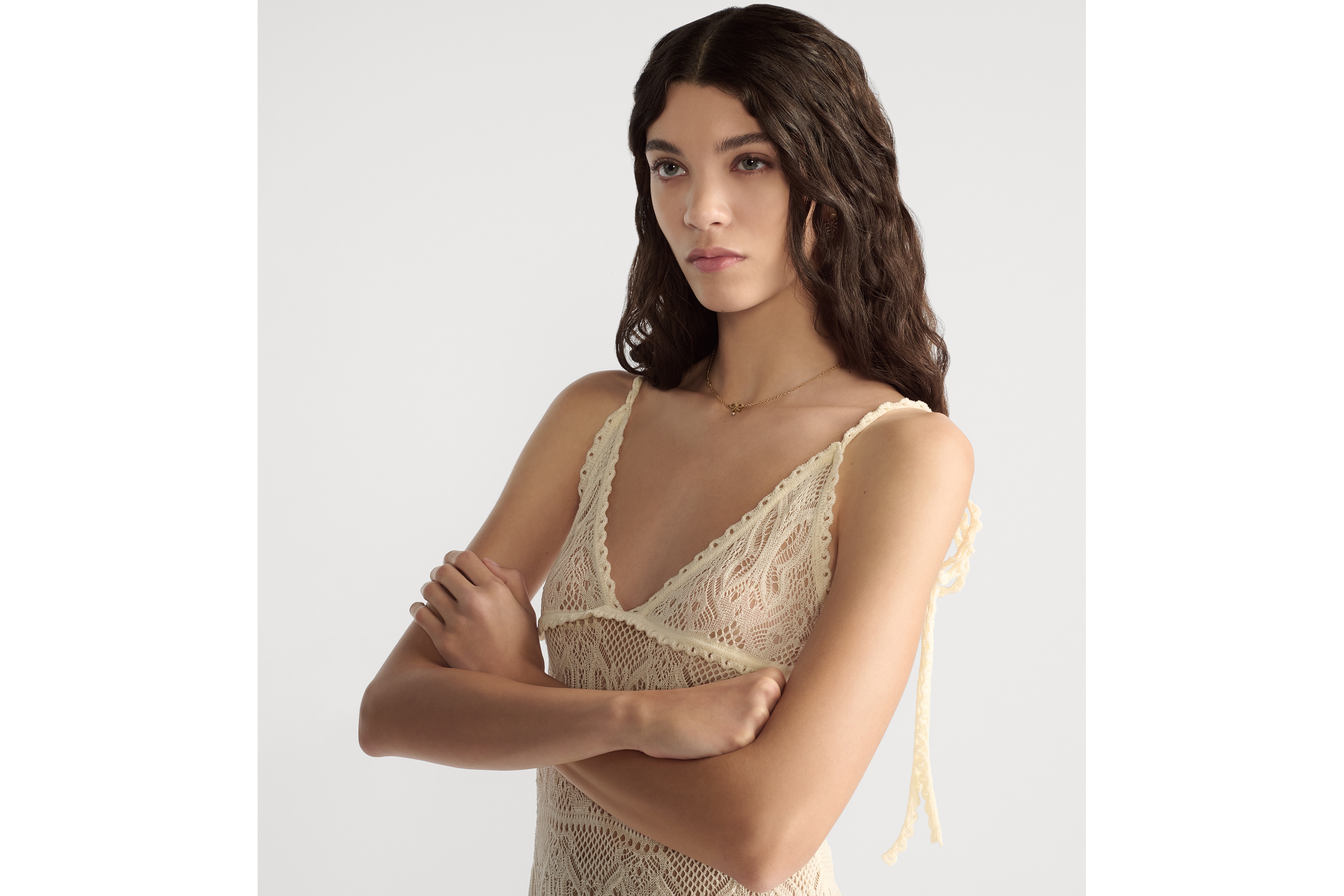 Dioriviera 长款喇叭形连衣裙 米白色棉质钩编蝴蝶图案 E05