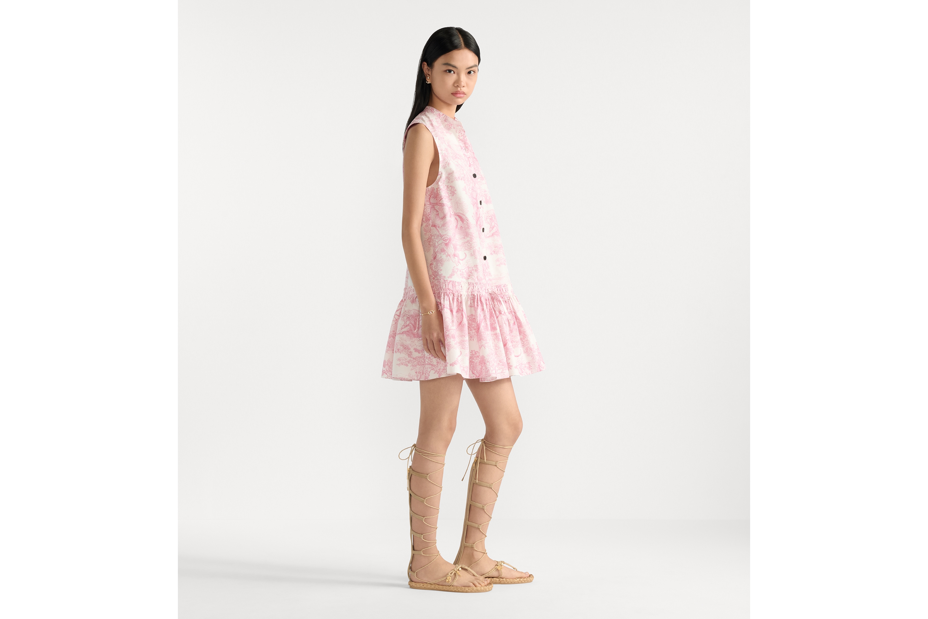 Dioriviera 短款连衣裙 白色棉质混纺府绸樱花粉色 Sauvage 茹伊印花图案 E02