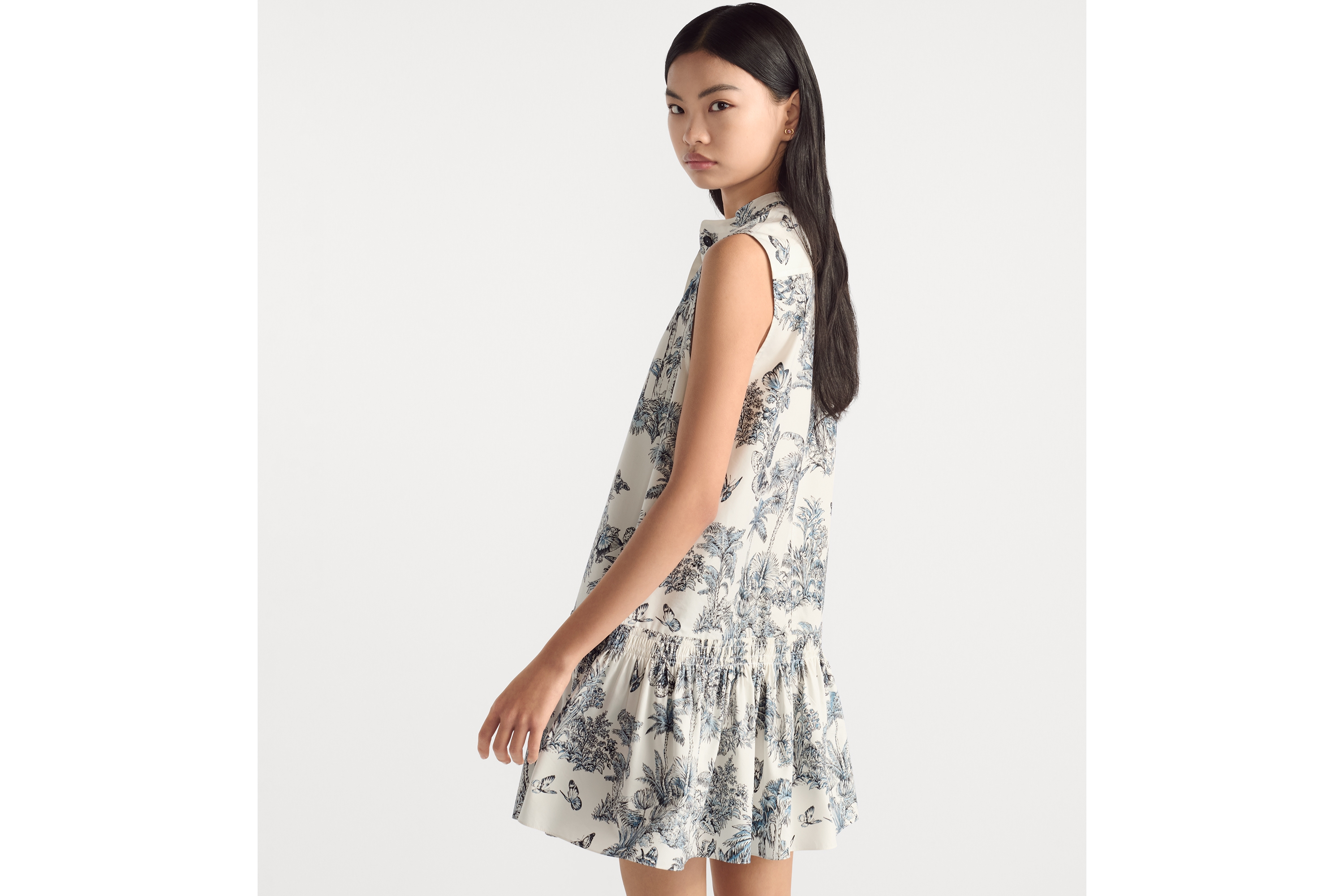 look_image_alt_prefix Dioriviera 直筒荷叶边连衣裙 白色和蓝色棉质混纺府绸 Palms 茹伊印花 E05