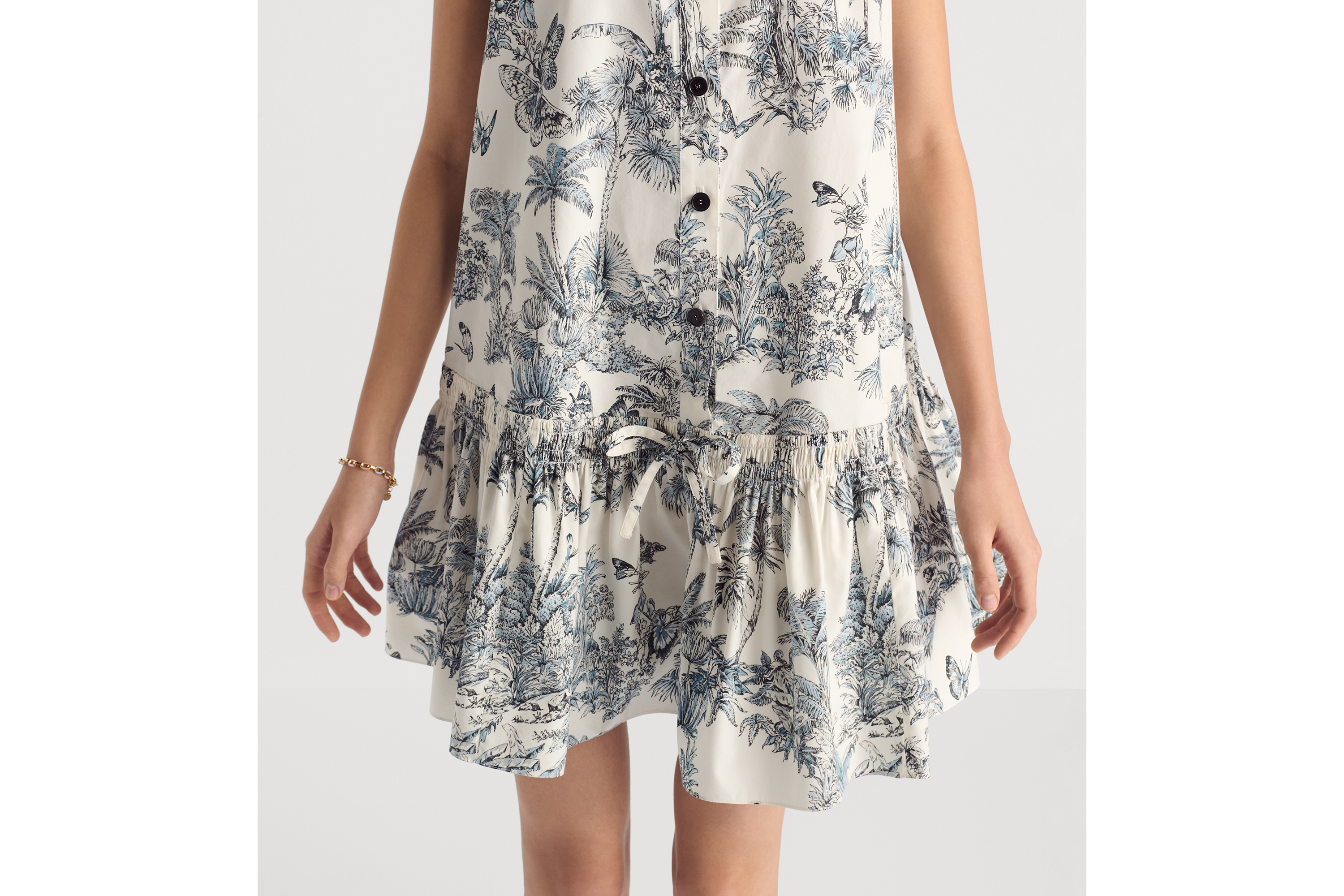 look_image_alt_prefix Dioriviera 直筒荷叶边连衣裙 白色和蓝色棉质混纺府绸 Palms 茹伊印花 E13