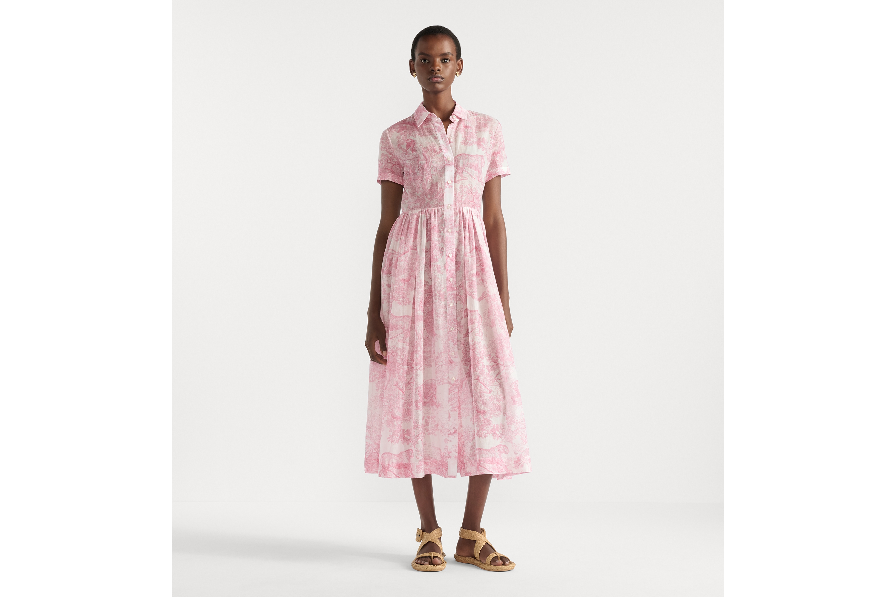 Dioriviera 中长款衬衫式连衣裙 白色棉质面料樱花粉色 Sauvage 茹伊印花图案 E01