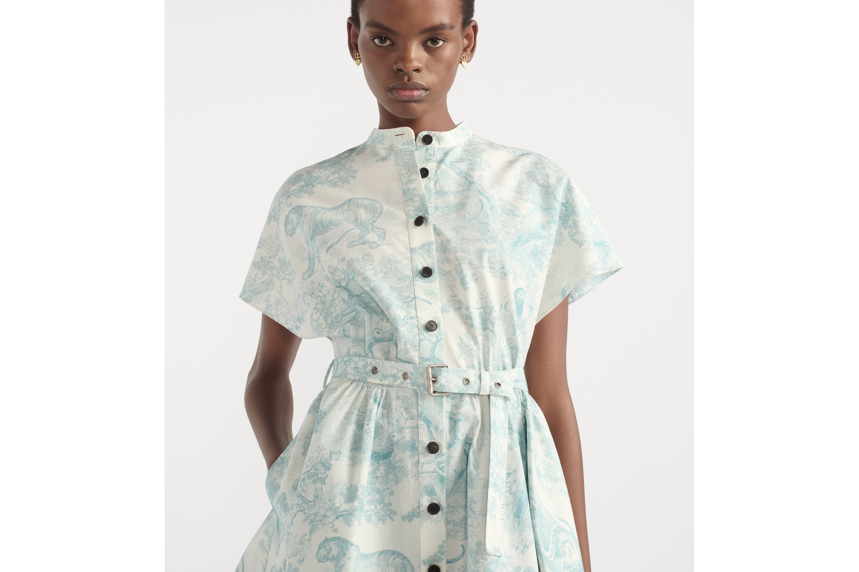 Dioriviera 短款衬衫式连衣裙 白色棉质和桑蚕丝混纺府绸铃兰绿色 Sauvage 茹伊印花图案 E04