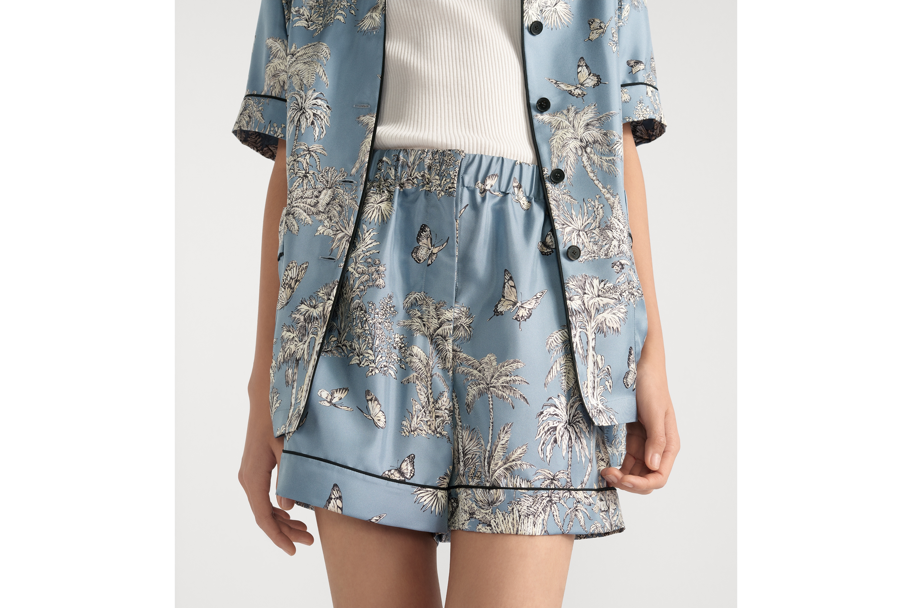 look_image_alt_prefix Dioriviera 短裤 太空蓝桑蚕丝斜纹面料白色 Palms 茹伊印花图案 E13