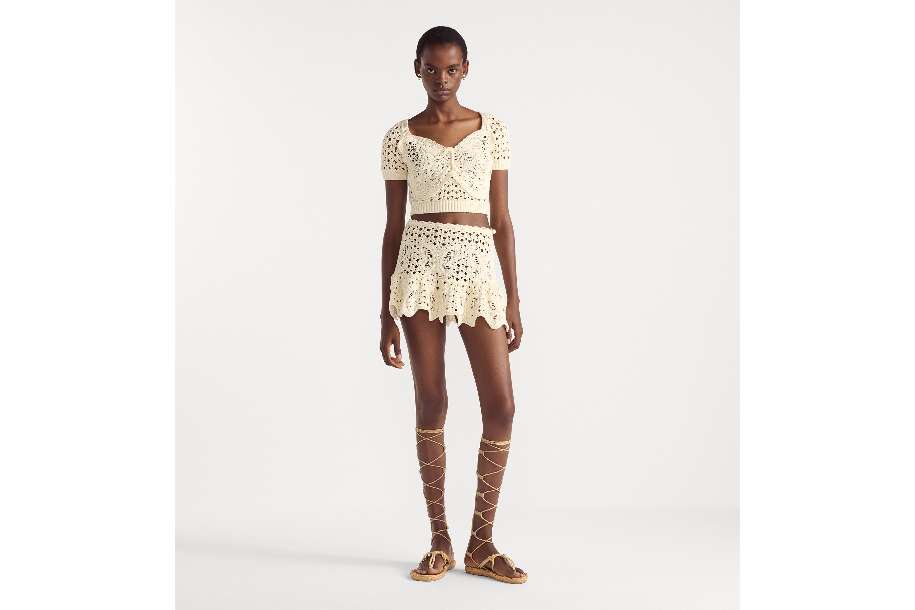 Dioriviera 短款上衣 米白色棉质钩编效果针织蝴蝶图案 E01