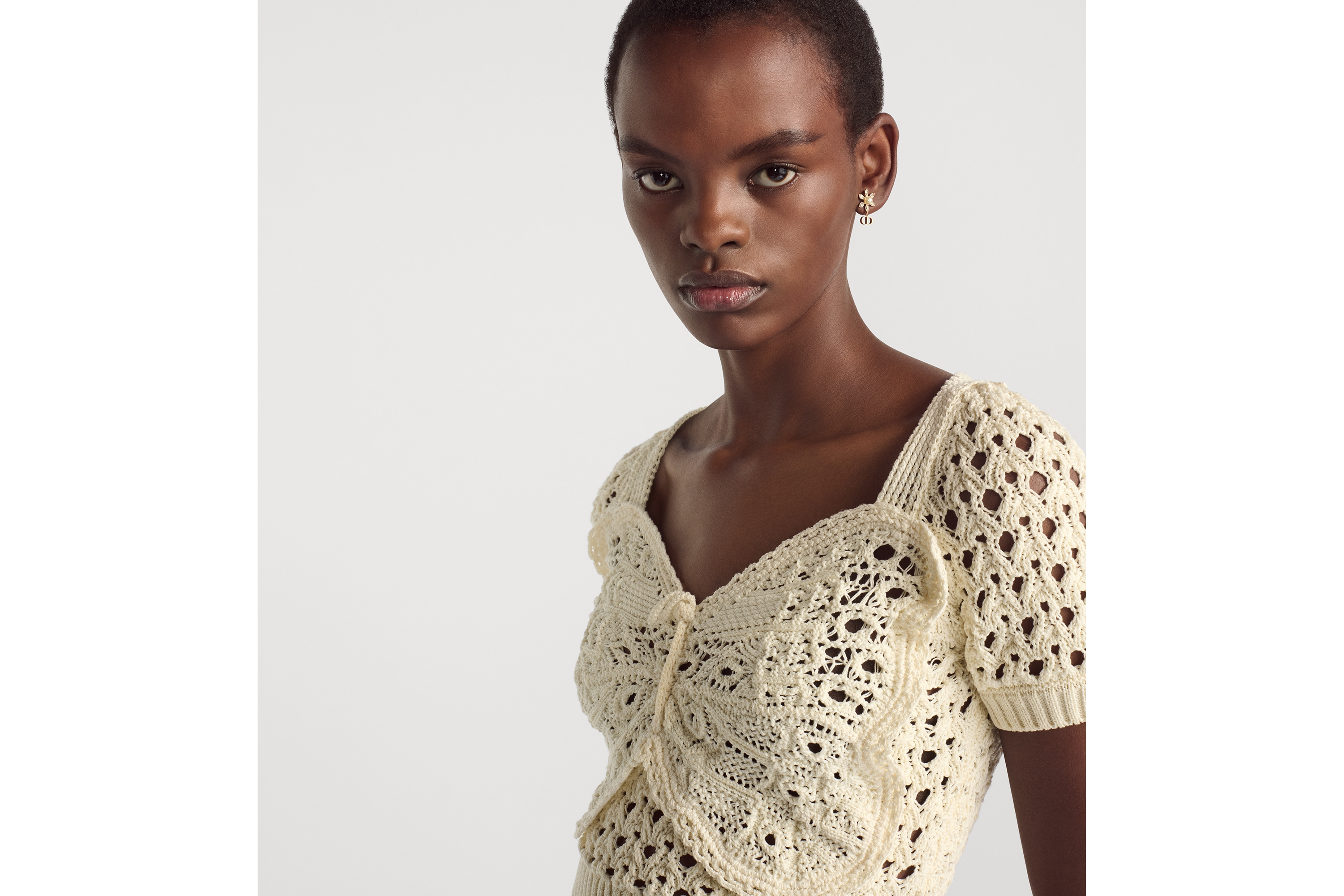 Dioriviera 短款上衣 米白色棉质钩编效果针织蝴蝶图案 E04