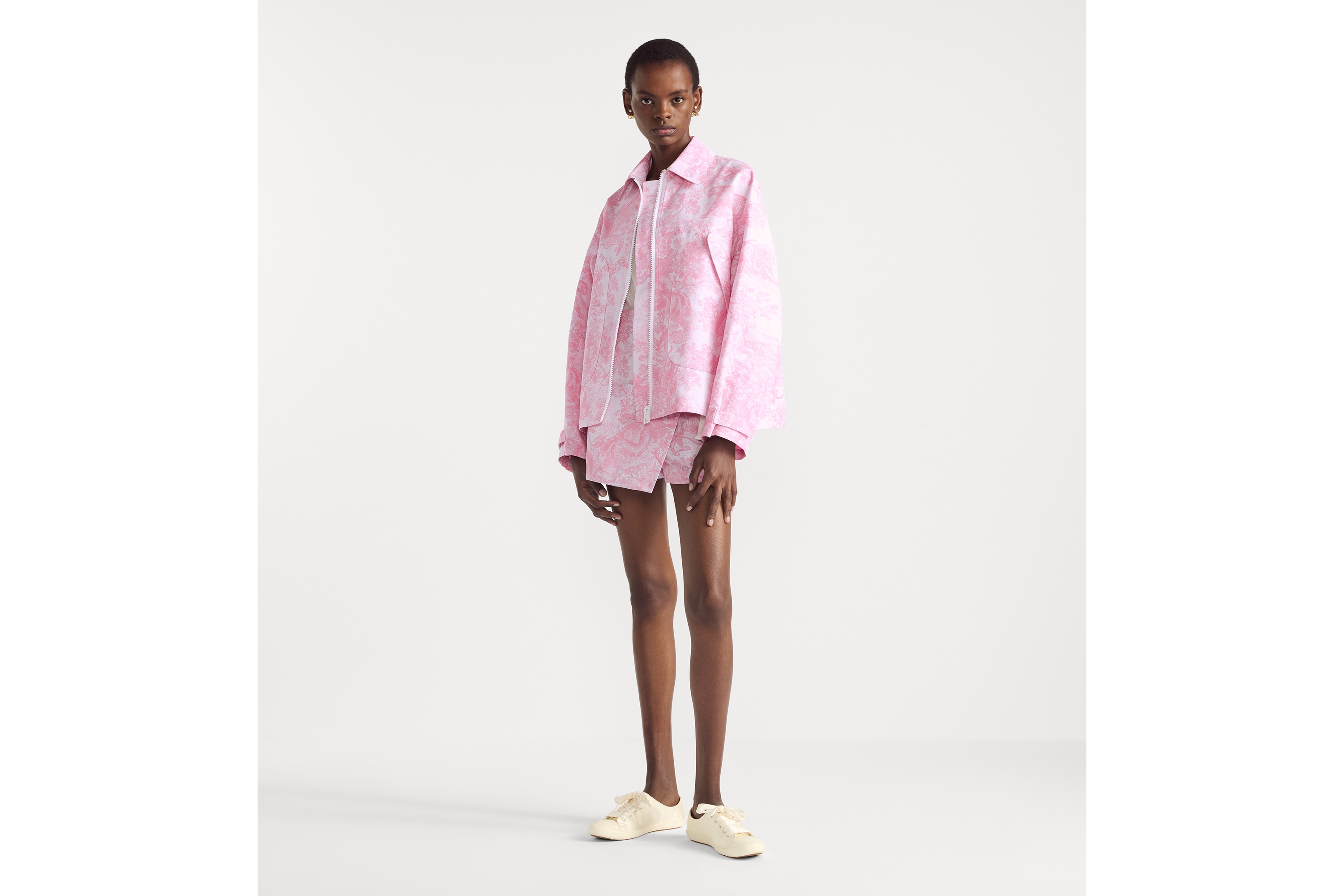 Dioriviera 裙裤 白色塔夫绸提花科技面料樱花粉色 Sauvage 茹伊印花图案 E01