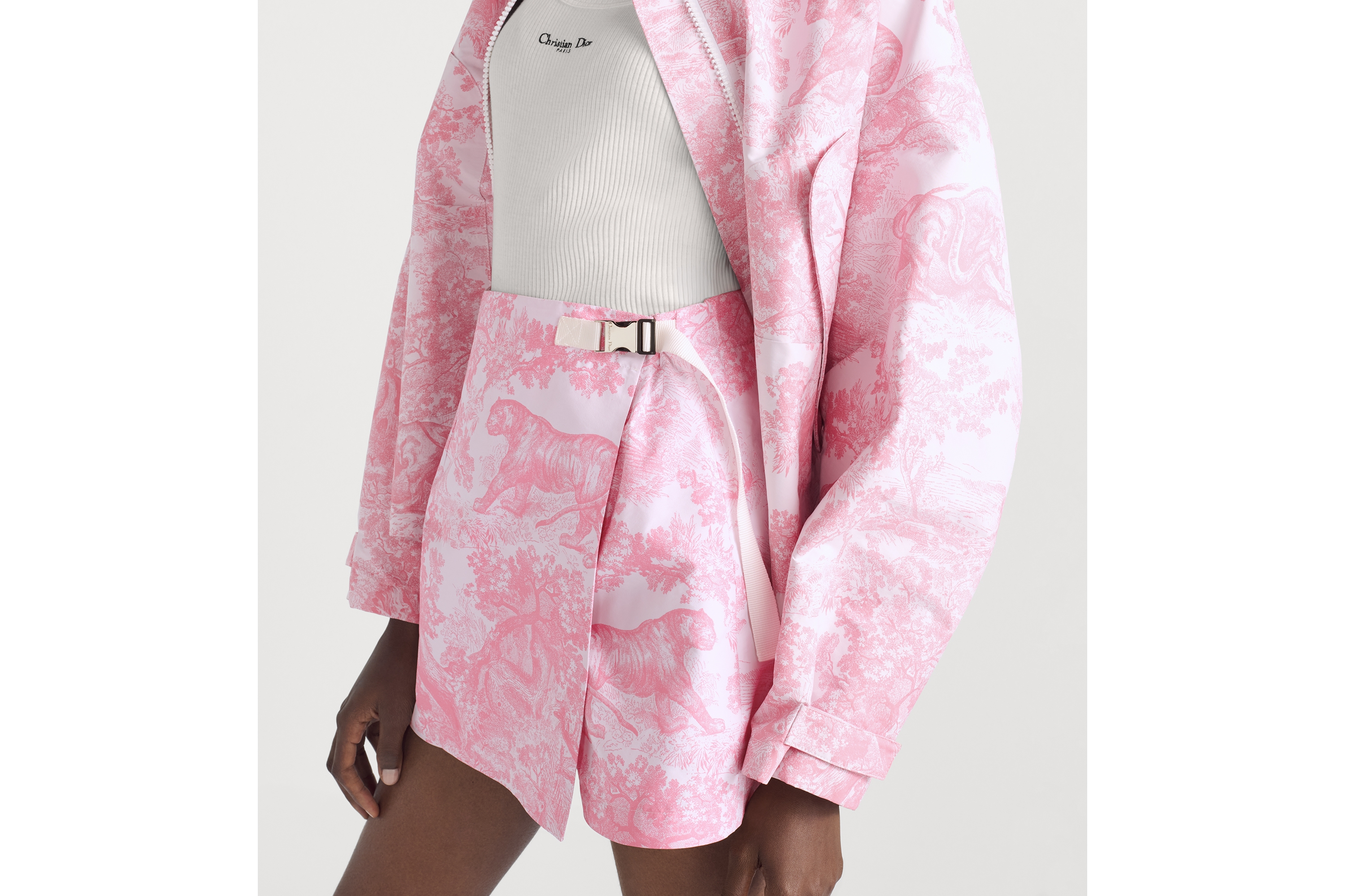 Dioriviera 裙裤 白色塔夫绸提花科技面料樱花粉色 Sauvage 茹伊印花图案 E05