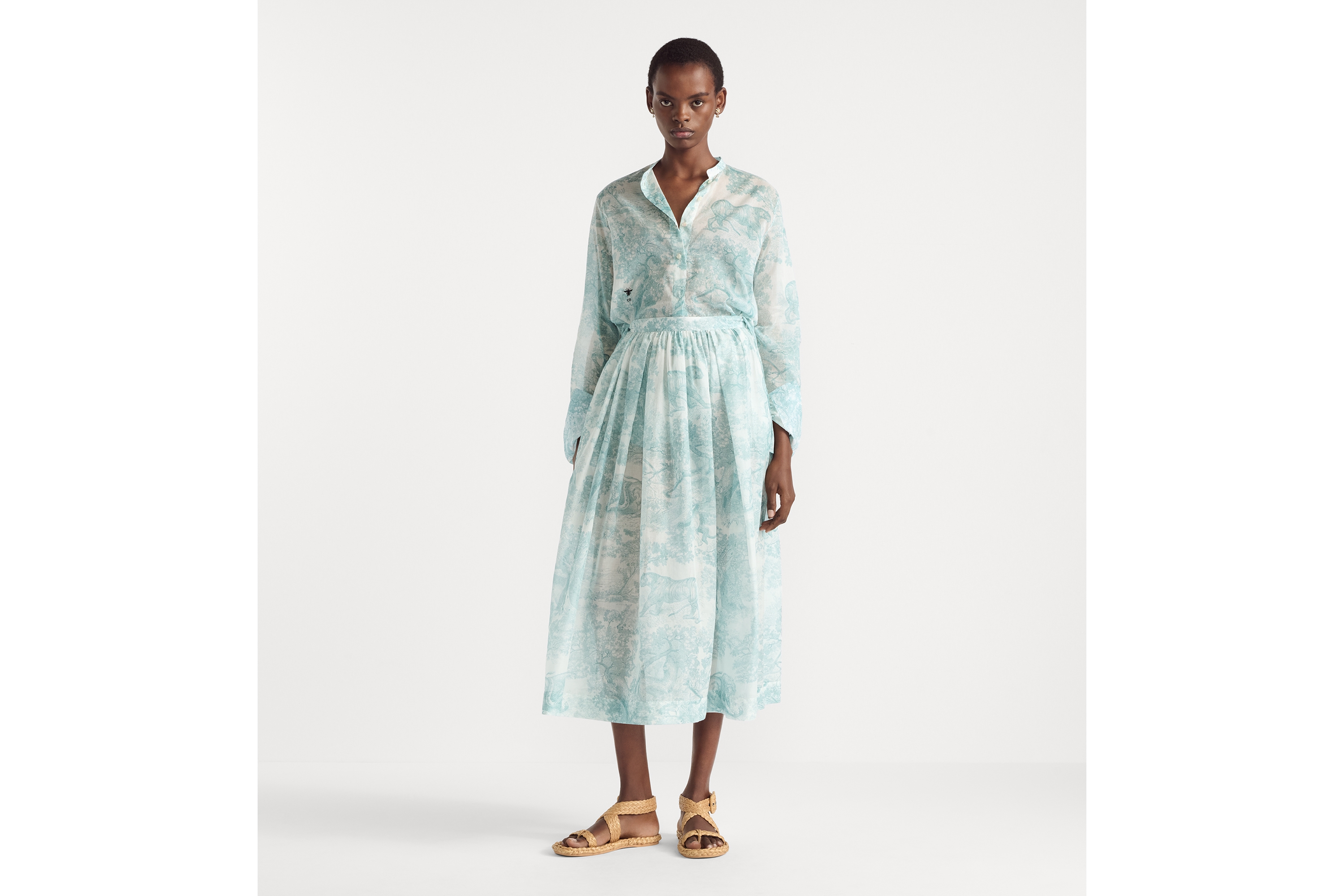 Dioriviera 长款衬衫 白色棉质面料铃兰绿色 Sauvage 茹伊印花图案 E01