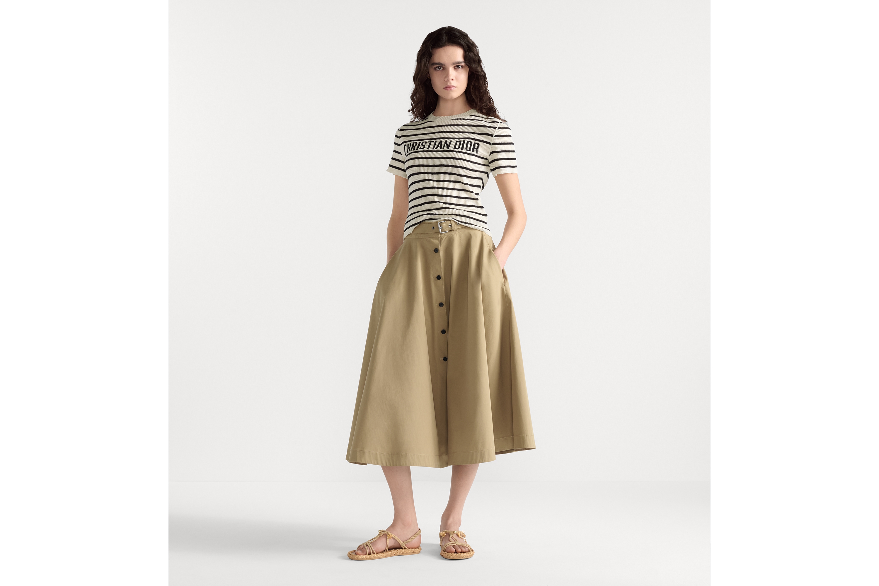 Dioriviera 半裙 米色棉质华达呢搭配腰带 E01