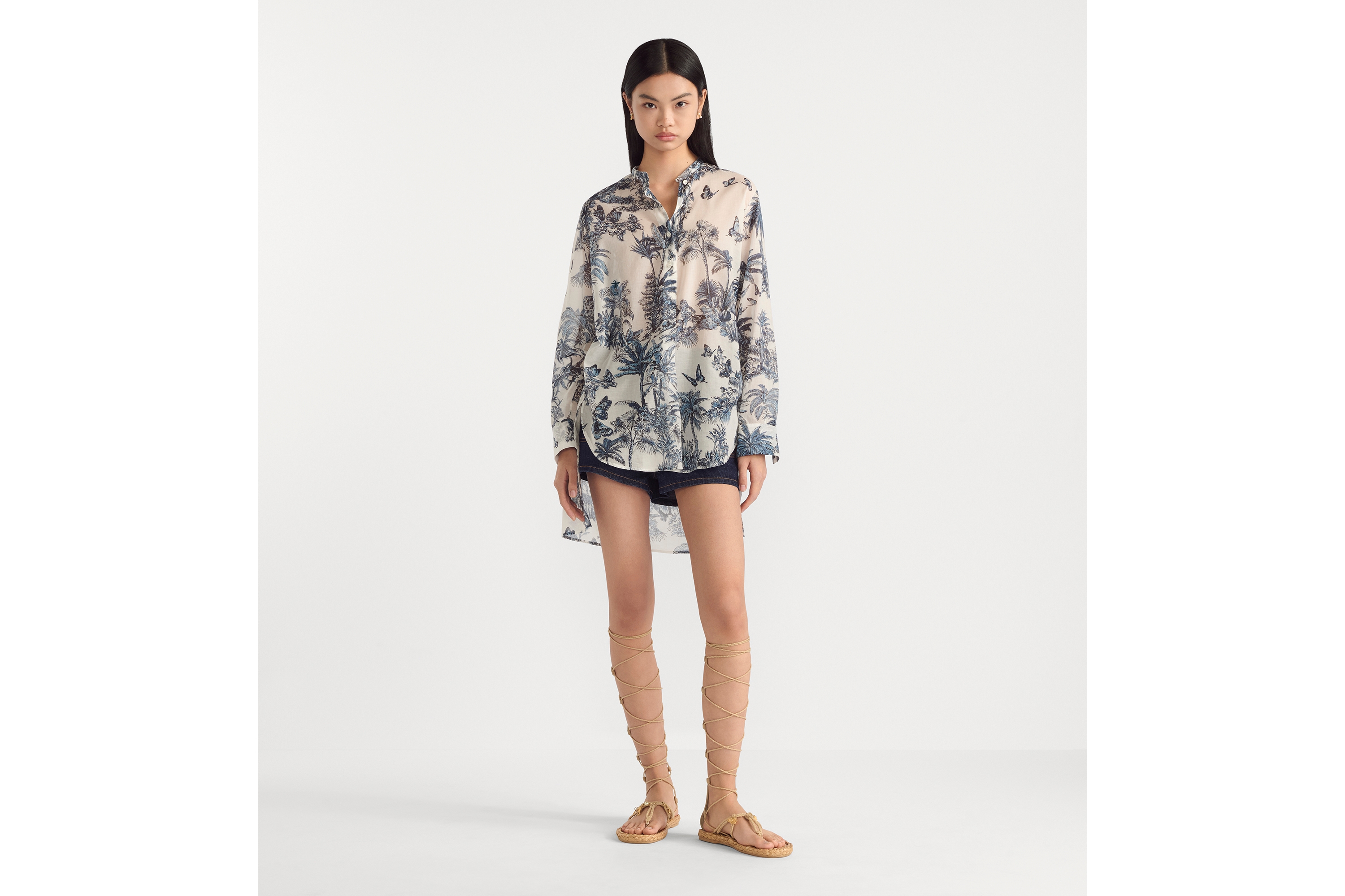 look_image_alt_prefix Dioriviera 长款衬衫 白色和蓝色棉质面料 Palms 茹伊印花 E01