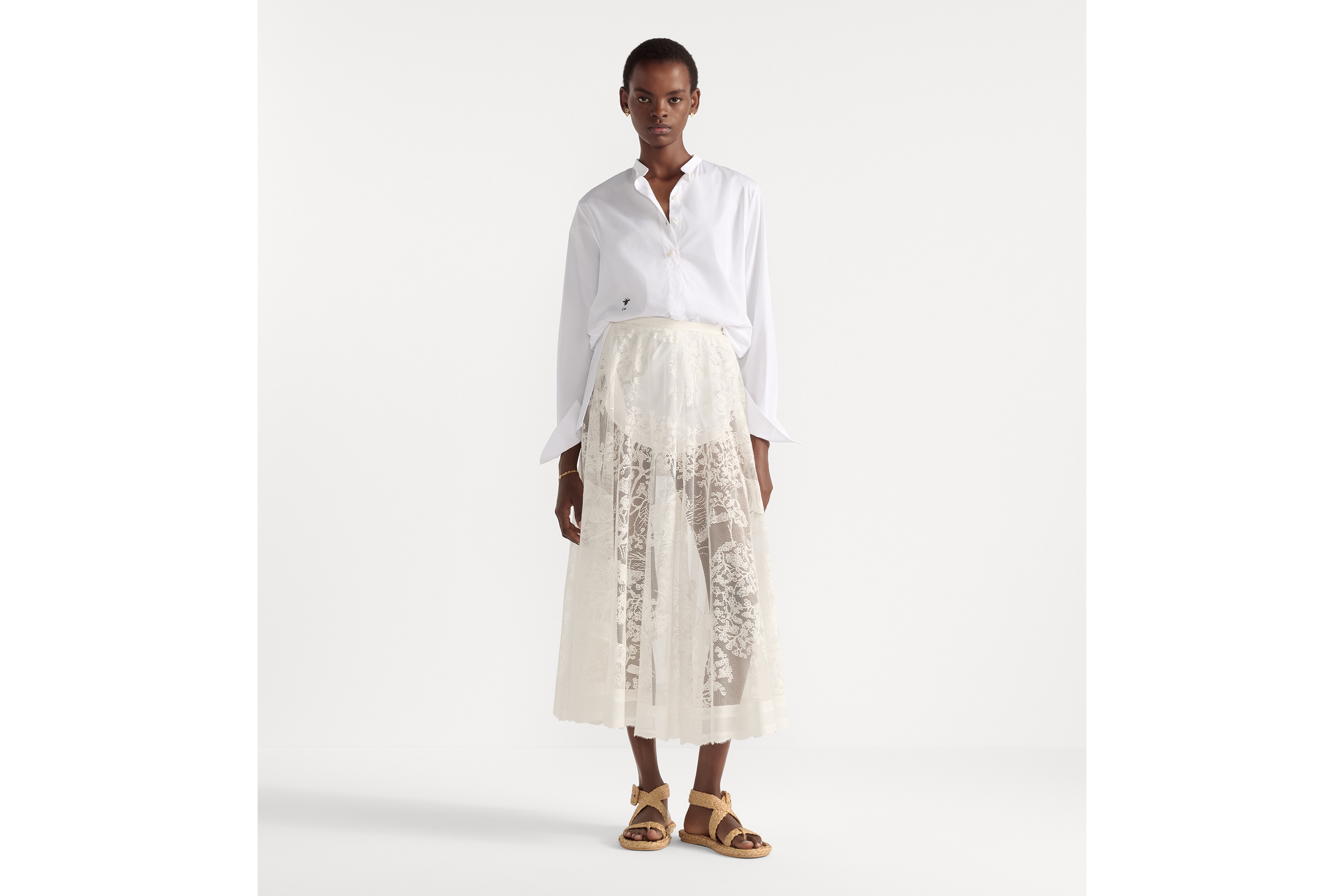 look_image_alt_prefix Dioriviera 喇叭形半身裙 米白色棉质混纺蕾丝面料 Sauvage 茹伊印花图案 E01